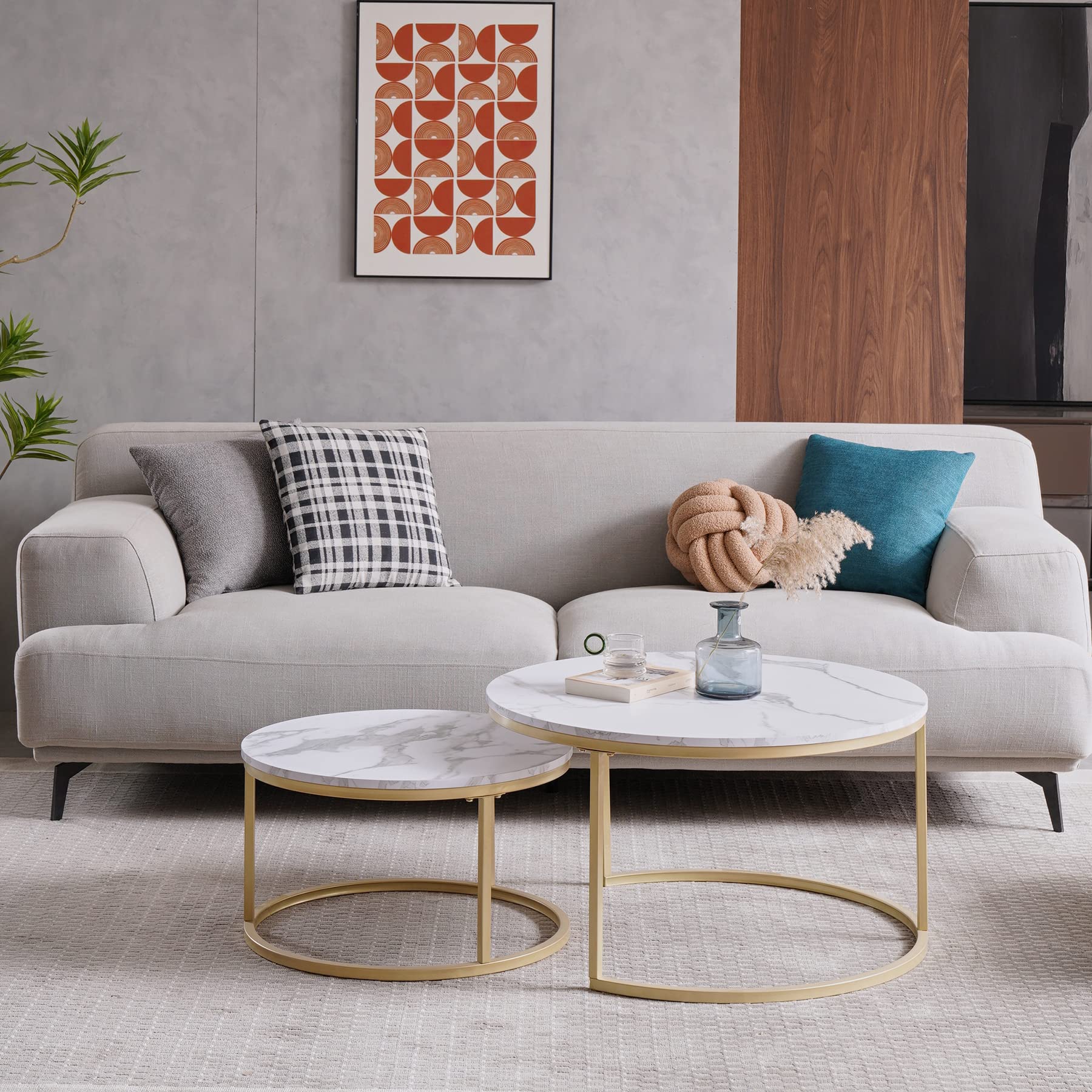GrandCA HOME Set di 2 Tavolini Rotondi a Incastro con Piano in Finto Marmo, Tavolino da Caffè per Soggiorno, Oro (80x80x45cm e 60x60x35cm)