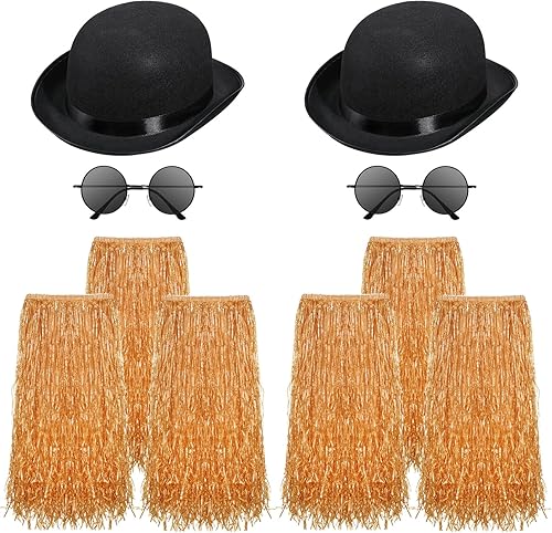 Newcotte El juego de 10 piezas de falda Luau Hula para lentes de sol incluye 6 faldas de césped natural hawaiano, 2 piezas de sombrero negro Bowler