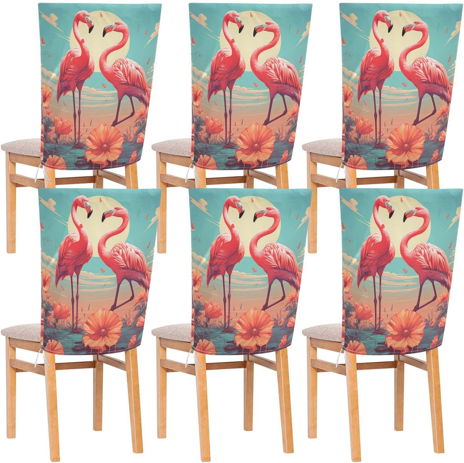 ALAZA Flamingo Floral Landscape Chair Back Cover Set of 6, Washable Reusable Removable Chair Slipcovers Decorative Chair Cover for Home Kitchen Wedding Party