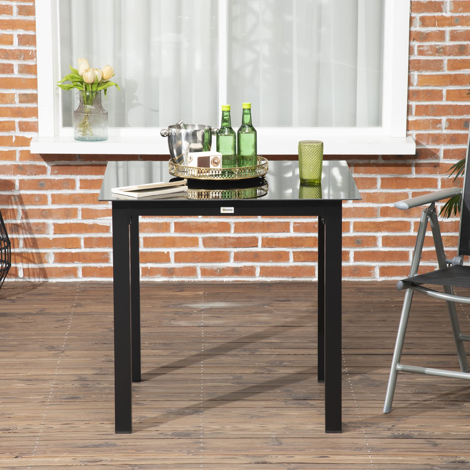 Outsunny Gartentisch, Balkontisch Hartglasplatte, 80 x 80 x 74 cm, Schwarz | Quadratischer Esstisch für Garten, Für 4 Personen, Terrassentisch, Alu