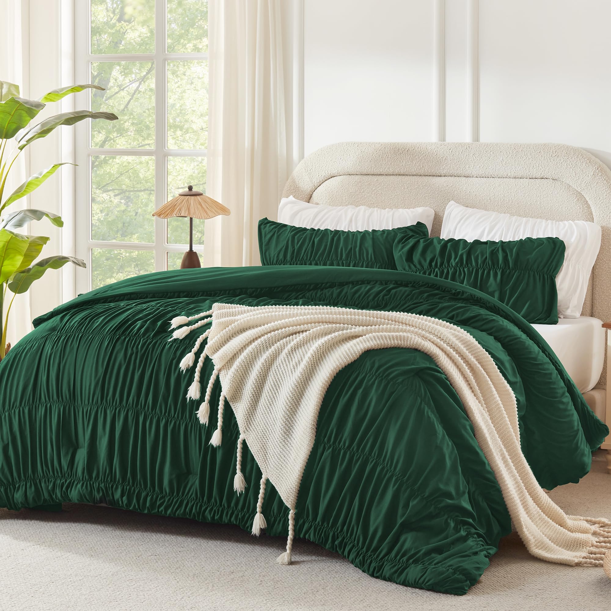 Andency Ruched Dark Emerald Green Queen Comforter Set, Boho Ruffle 3 Pieces
