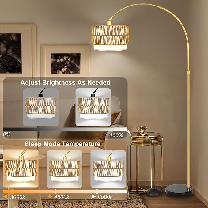 Fttoyoly Rattan Floor Lamp for Living Room Arc Boho Floor Lamp with Rattan & Linen Double Shades Adjustable Tall Wicker Lamps with 3 Color Temperatures for Bedroom Office Reading,Gold photo 3