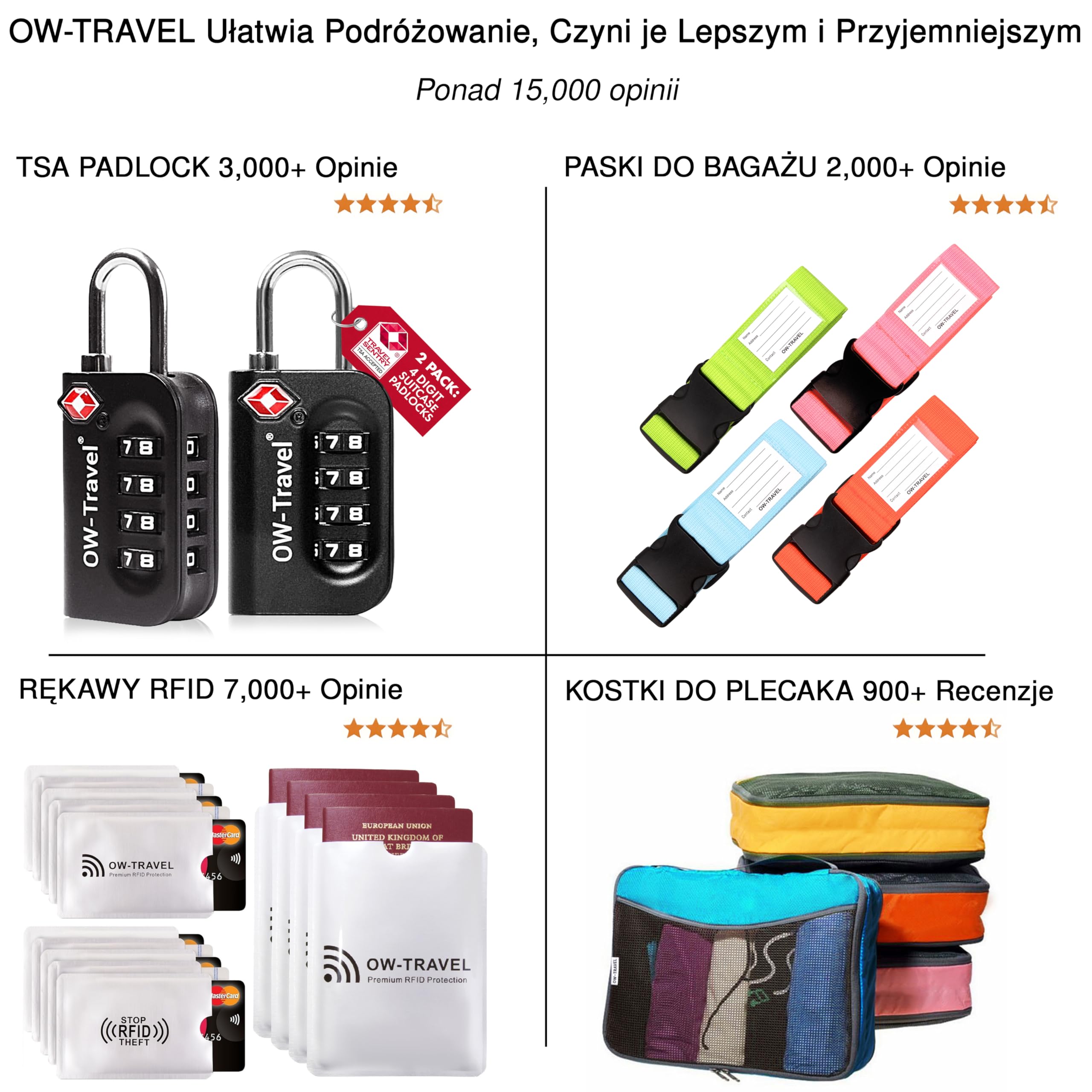 OW-Travel Etui na Paszport i Dokumenty (czarny) z ochroną RFID. Pojemne etui na paszport 4 paszporty na bilety lotnicze. Dołączone paski na nadgarstek i szyję bez użycia rąk