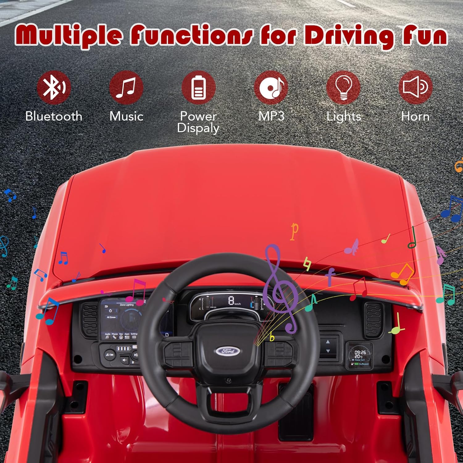 Licensed Ford Ranger Ride on Pickup Truck by INFANS, 12V Battery Powered Electric Vehicle for Kids with Remote Control, Headlight, Power Display, Bluetooth, MP3, Music, Aged 3-6 Years (Red)