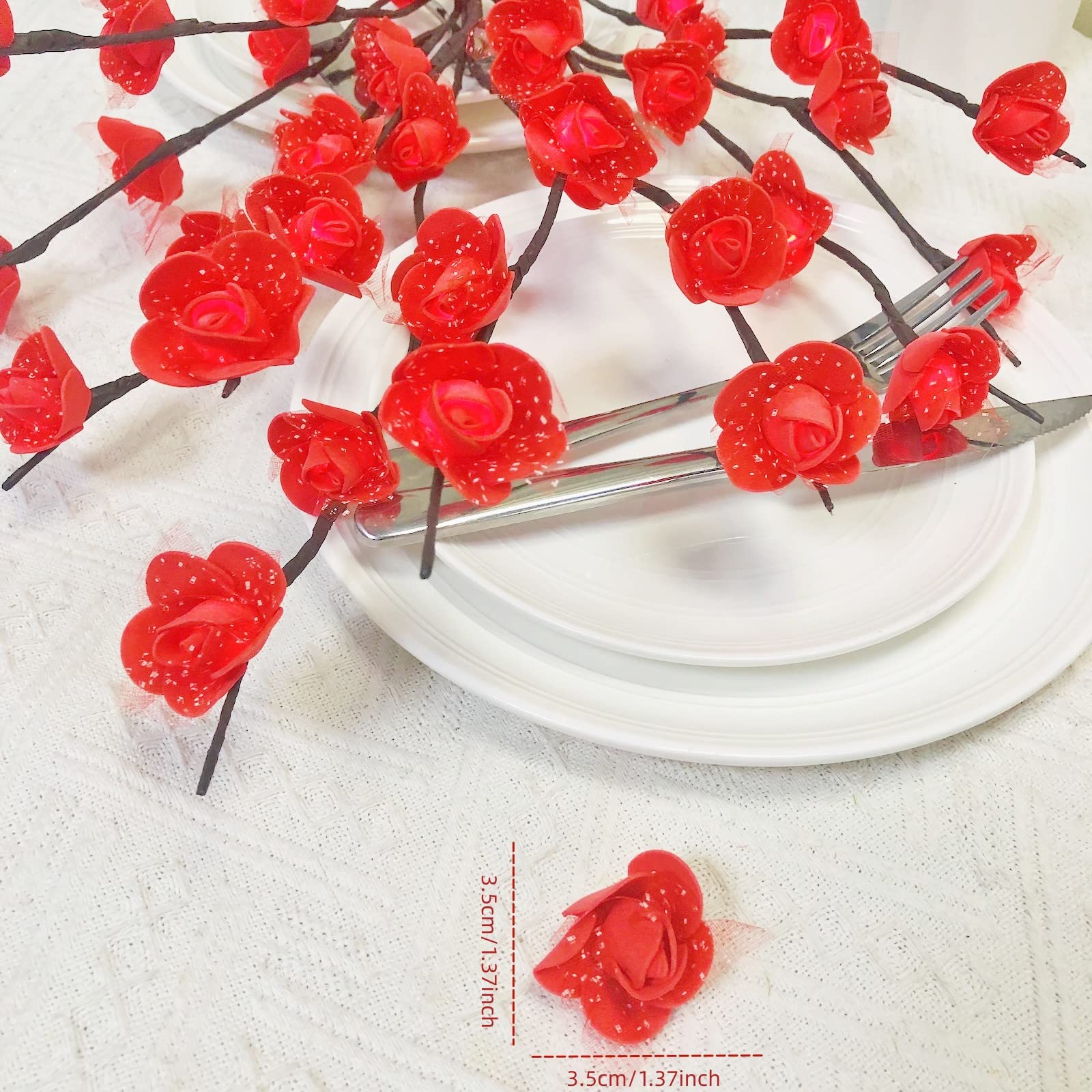 Riaxuebiy 2 Pack Red Rose LED Twig Lights, Lighted Artificial Lace Rose Flower Tree Branch Lights - Image 3