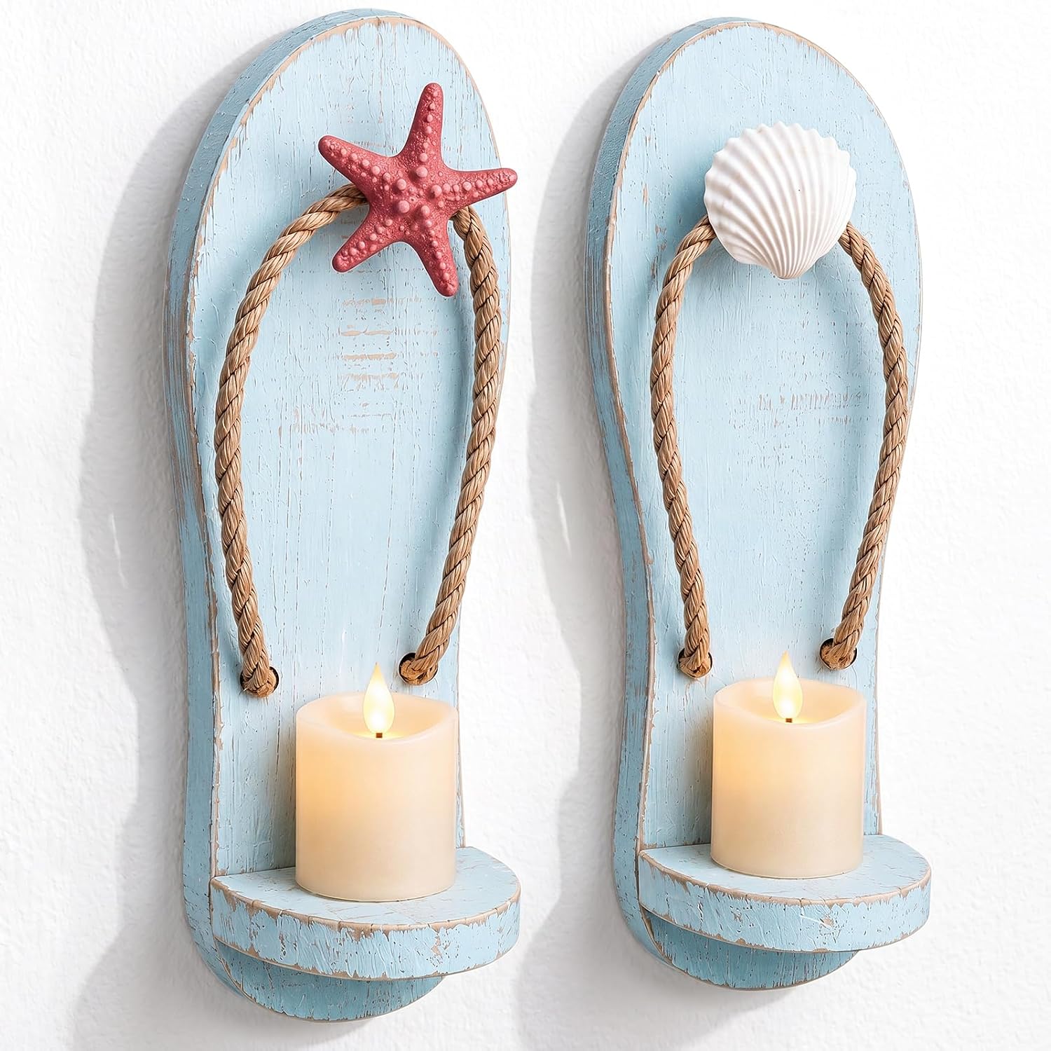 Hushee 2 Pcs Coastal Seashell Wall Candle Sconces Decor Last Toast on The Coast Wall Decor Rustic Ocean Wall-Mount Candle Holder for LED Flameless Candles Bathroom Living Room(11x4 in,Flip Flops)