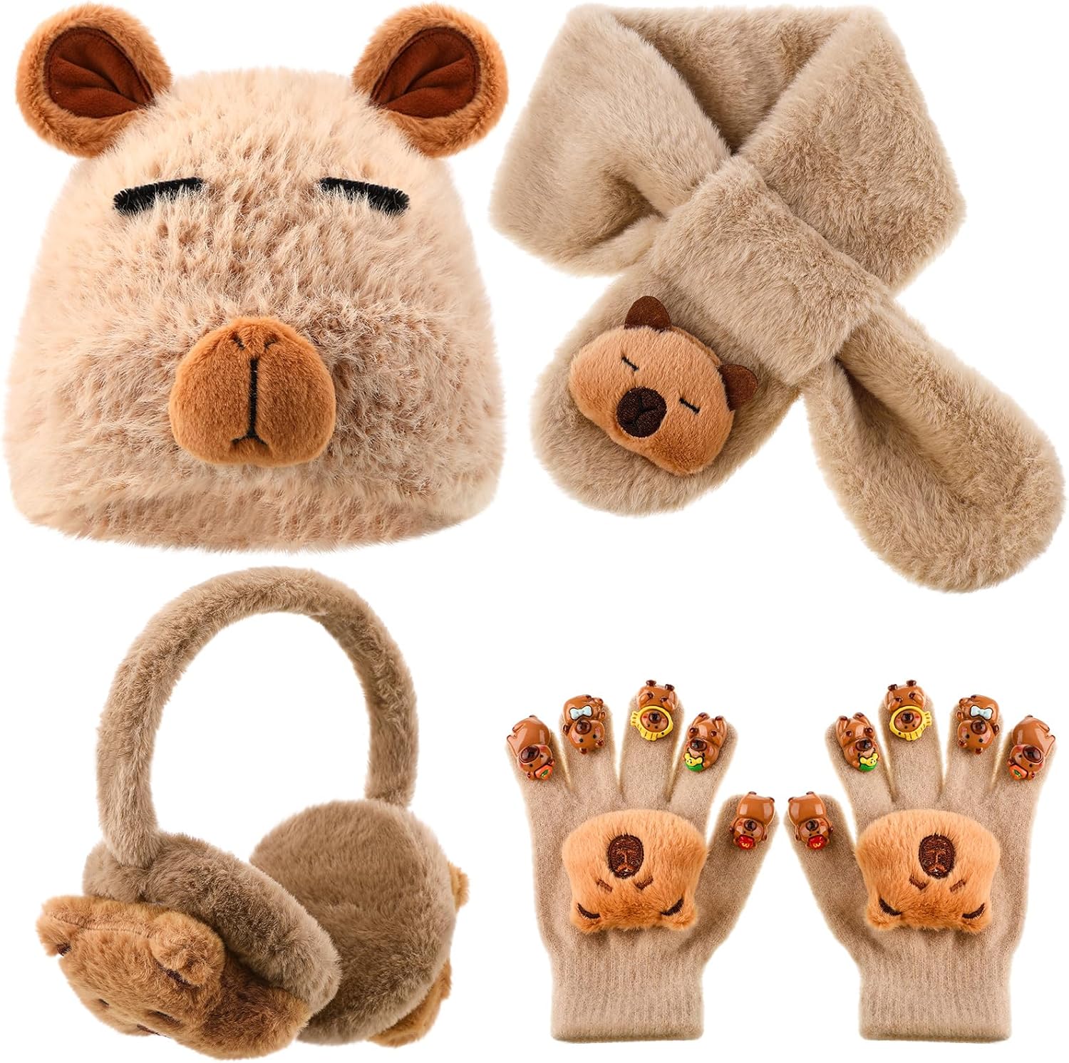 4 Pcs Kids Winter Capybara Hat Earmuffs Scarf and Gloves Set Capybara Plush Warm Set Cartoon Winter Hat for 7-12