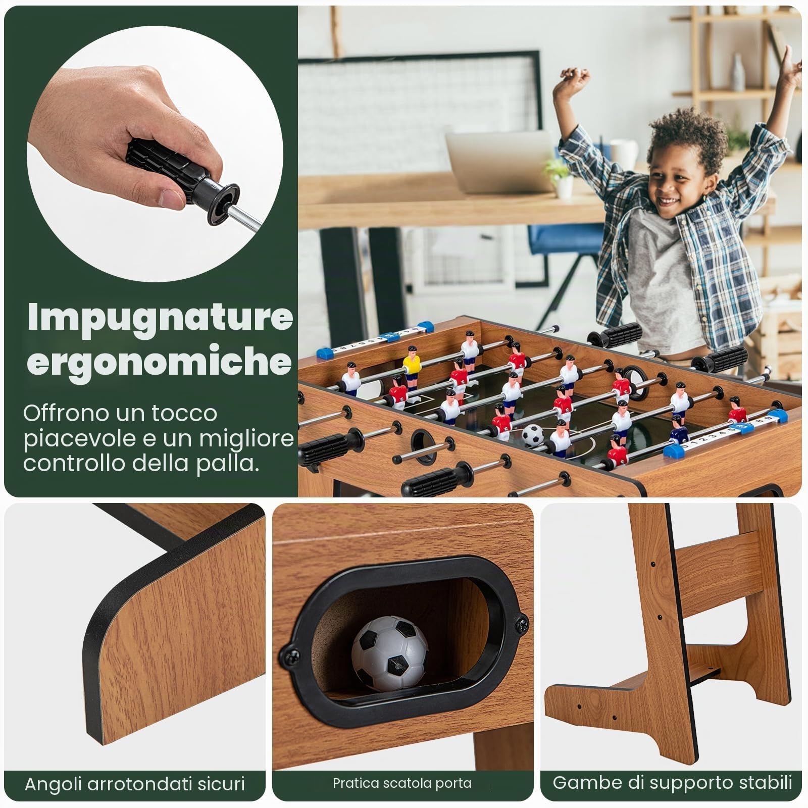 FANTASK Calcio da tavolo pieghevole con 18 calci e 2 palline, tavolo da gioco per adulti e bambini, calcio balilla per sala giochi, bar e feste, 69 x 60 x 71 cm (marrone)