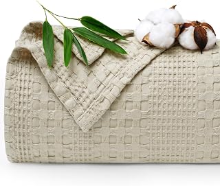 PHF Waffle Blanket Queen Size 90"x90", Cooling Bamboo & Cotton Blend Blanket for Hot Sleepers, Soft Lightweight Breathable Luxury Decorative Cotton Blanket for Couch Bed Sofa, Linen