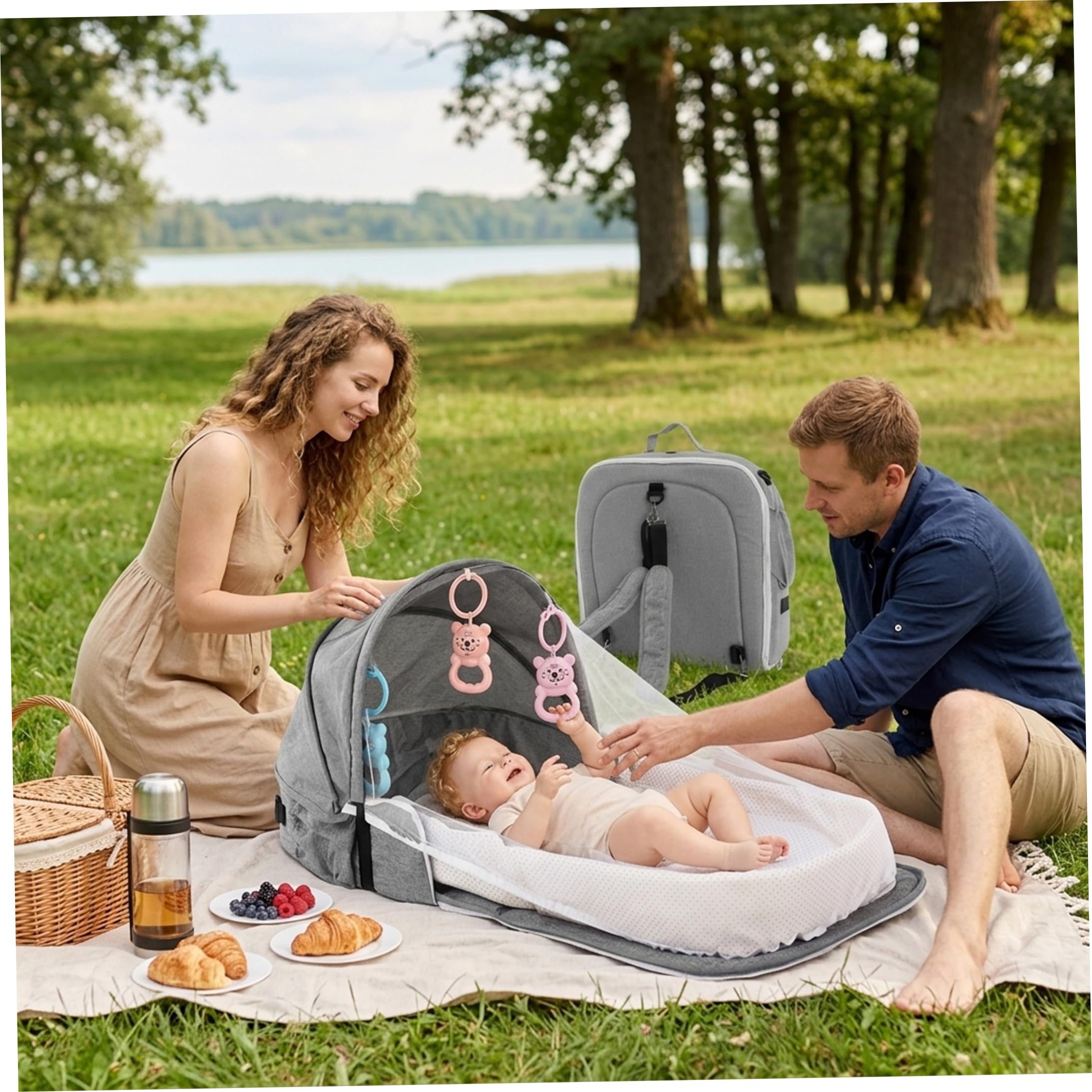 Couffin de lit pour bébé, couffin de voyage, portable et pliable pour voyage – Style sac à dos gris avec filet, pare-soleil et support à jouets amovible, lit co-couchette pour un usage quotidien