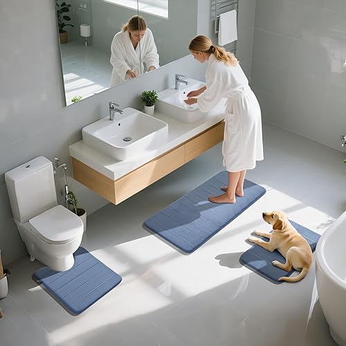 Miniatura 7 de Yimobra Juego de tapetes de baño de espuma viscoelástica, 3 piezas, 44.1 x 24 + 31.5 x 19.8 pulgadas y en forma de U para alfombras de baño, tapetes