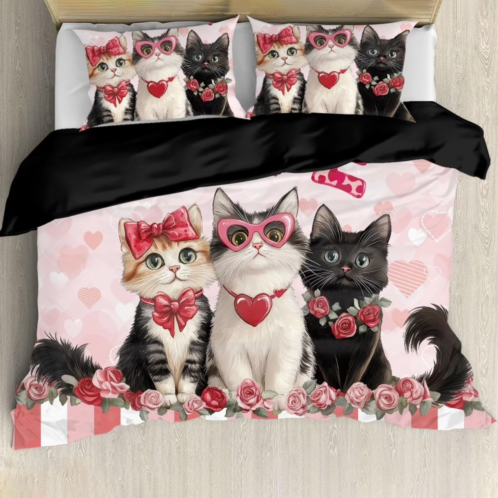 BIGCARJOB Valentines Day Decorative Funny Cat Dog Bedding Duvet Cover Set for Kids Teens Girls Cute Quilt Cover Twin Size Valentine's Day Bedding Set with Zipper Closure