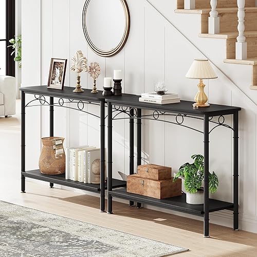 Miniatura 5 de IDEALHOUSE Nueva mesa consola 2024 mesa de sofá retro con almacenamiento, mesa de entrada de 2 niveles con MDF y metal, diseño elegante para sala de