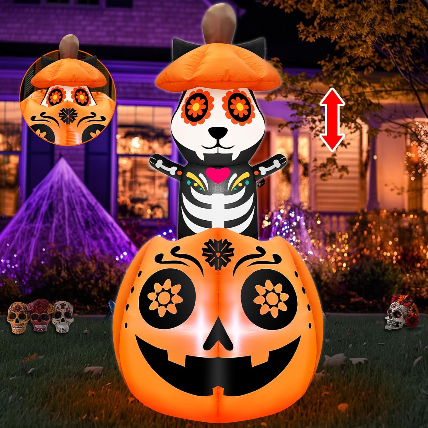 [ Pop Up and Down ] 5 Ft Day of The Dead Halloween Inflatable Animated Black Cat On Pumpkin with Sugar Skull, Dia De Los Muertos Decorations Blow Up Calaveras Cat with Built-in LED Yard Lawn Garden