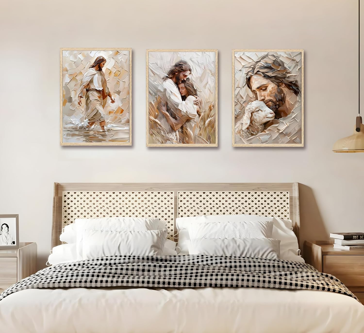 FJKLRP 3pcs Jesus Wall Art Beige Texture Oil Paintings Christian Canvas Prints Poster Good Shepherd Embracing Walking on Water Religious Wall Decor For Bedroom Living Room Church Home Decor Unframed