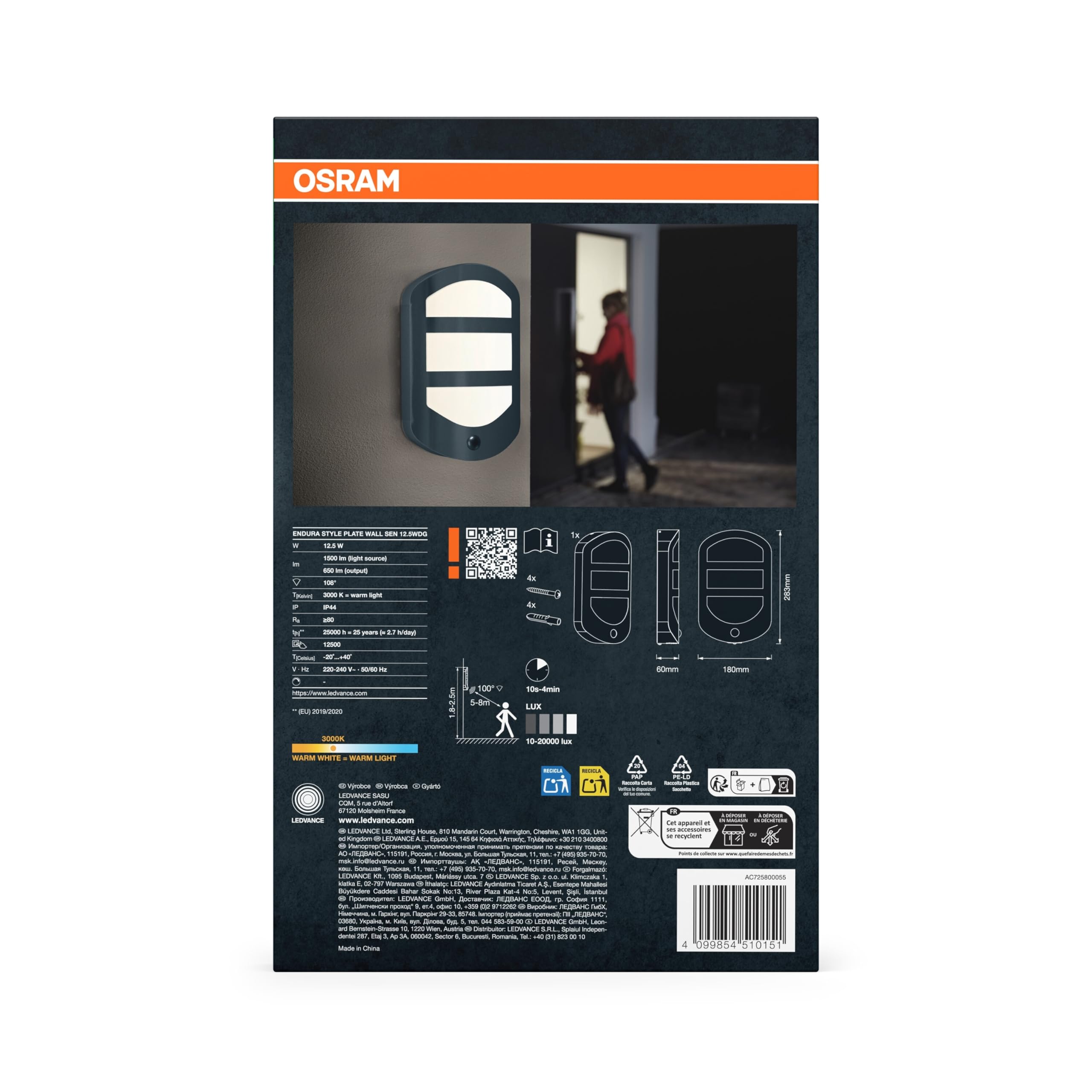 OSRAM ENDURA STYLE PLATE Wall Sensor, zewnętrzna lampa ścienna ciemnoszara, 12,5W, 630lm, 3000K, IP44, czujnik ruchu