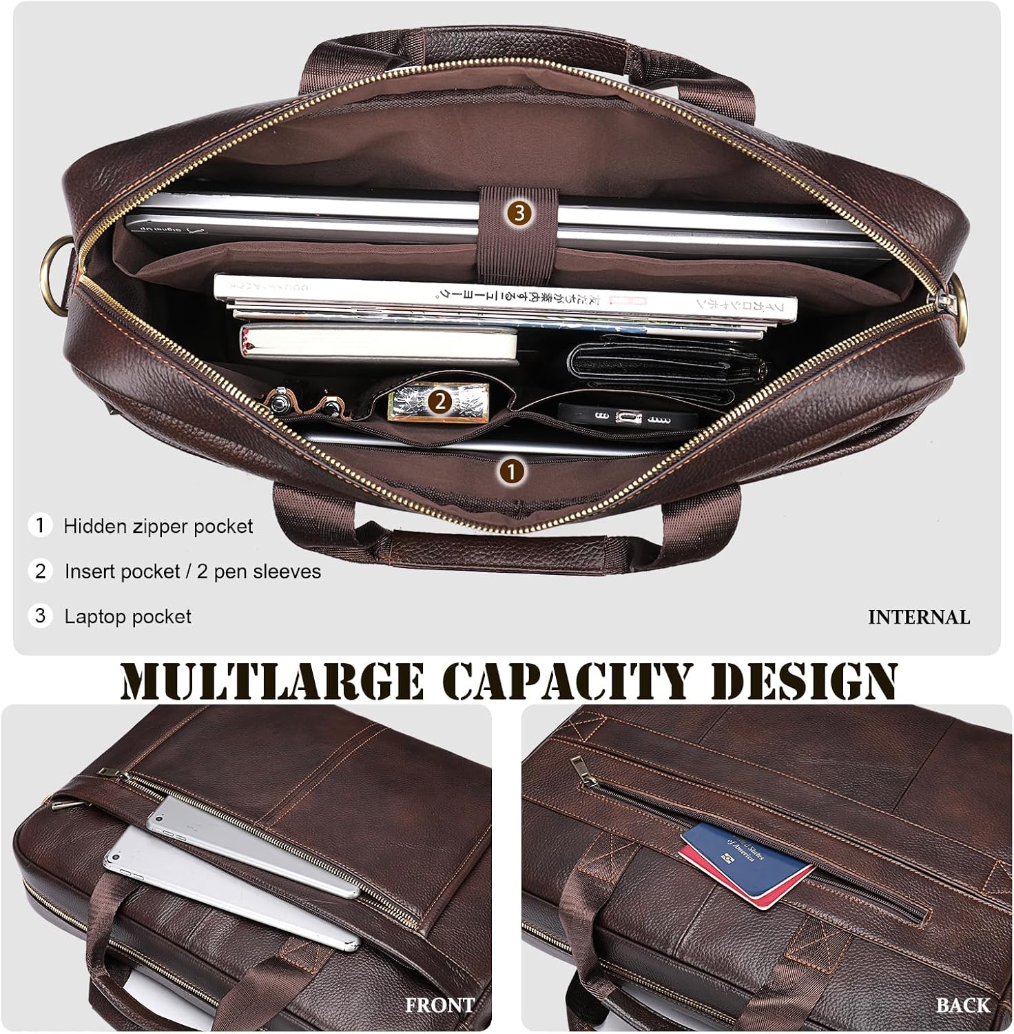 Briefcases For Men Leather Messenger Bag 17 Inch Laptop Computer Attache Case With Lots Of Space for Business Travel Office Satchel