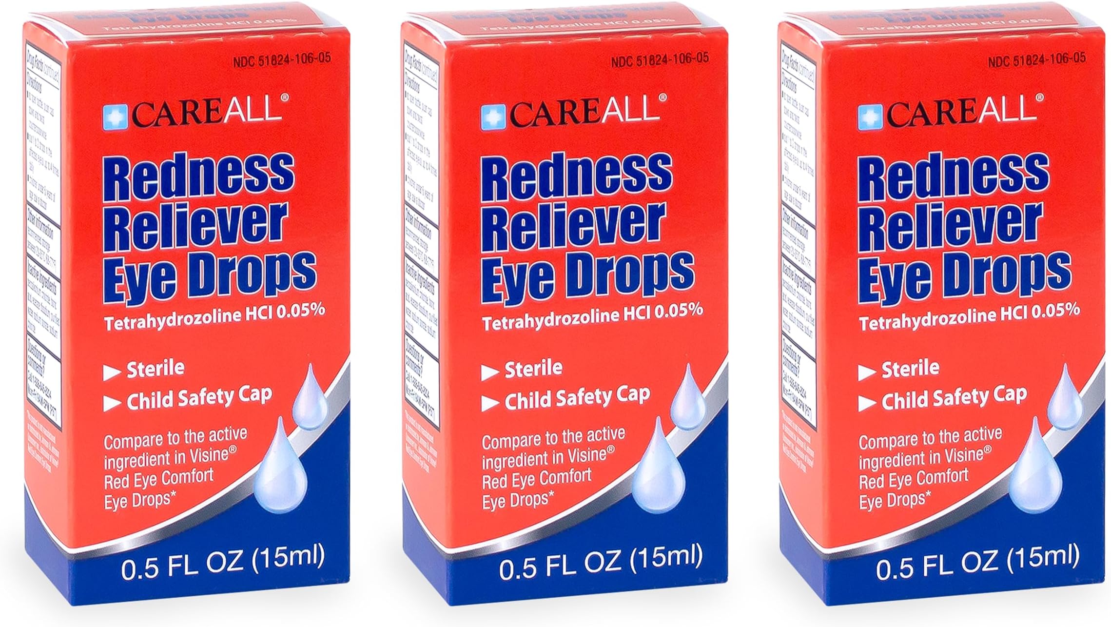 CareAll Redness Reliever Sterile Eye Drops 0.5oz (Pack of 3), Tetrahydrozoline HCI Relieves Eye Redness, Relief of Redness of The Eye Due to Minor Irritations