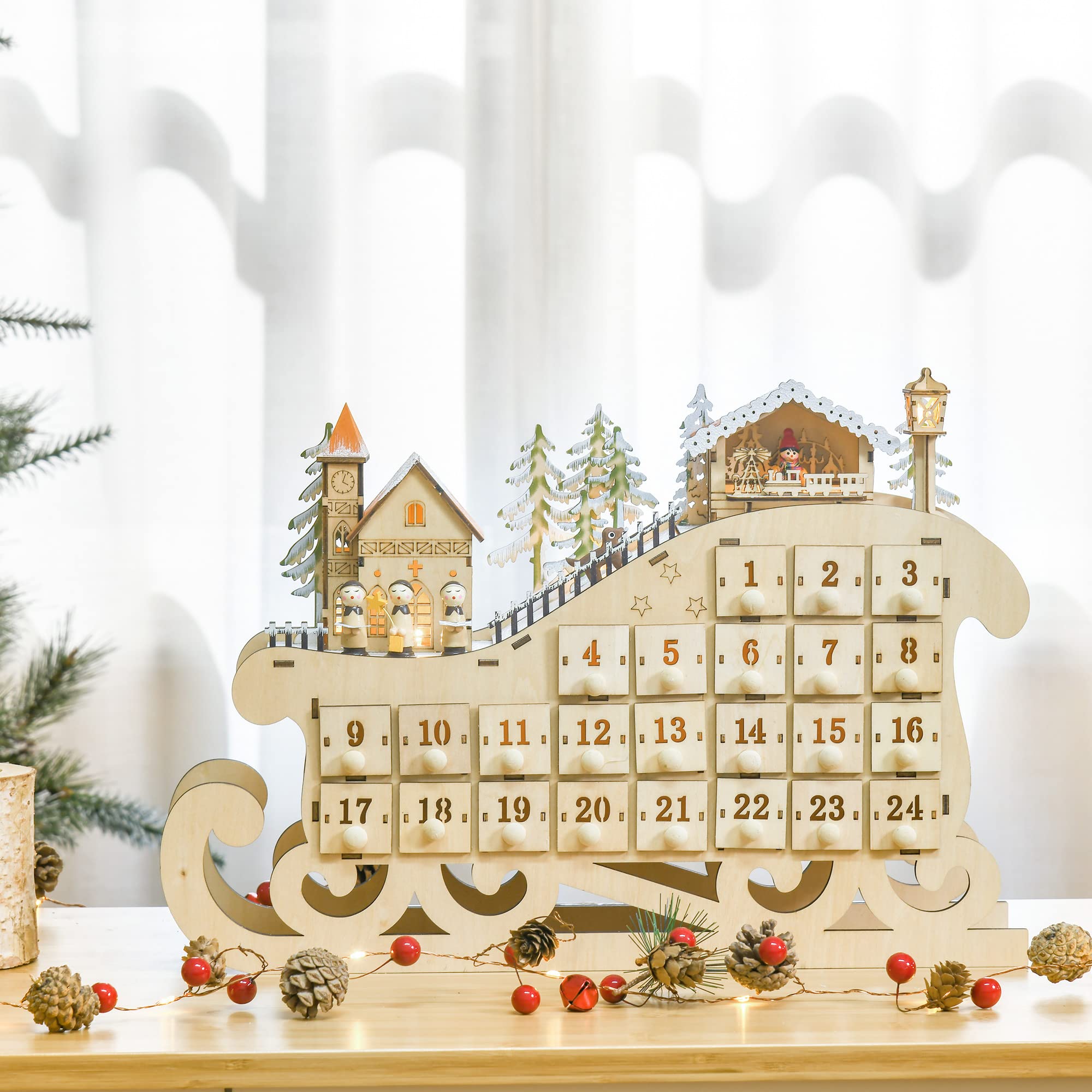HOMCOM Calendario dell'Avvento in Legno a Slitta 24 Cassetti 45x10x31cm | da Riempire, Decorazioni, Luci a LED