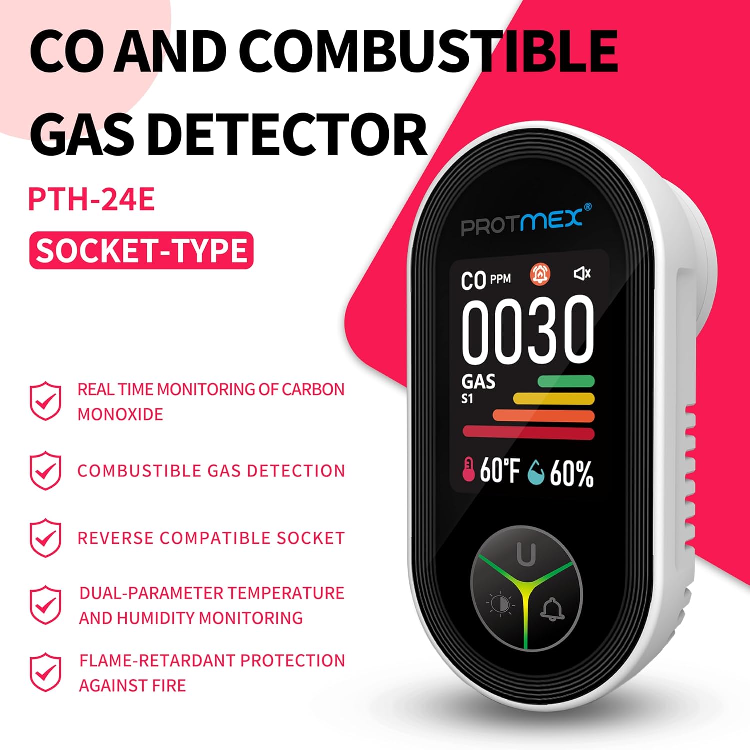 Protmex PTH-24E CO and Combustible Gas Detector display showing CO PPM, GAS levels, temperature, and humidity. The display is bright and easy to read.