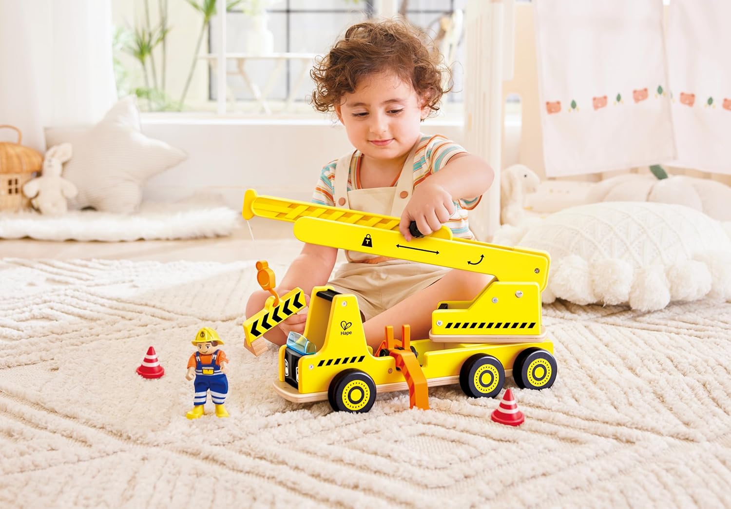 Hape Wooden Mobile Crane Construction Vehicle - Interactive Engineering Toy with Realistic Lifting Action & Foldable Support Legs - STEM Educational Gift for Toddlers & Kids Ages 3+