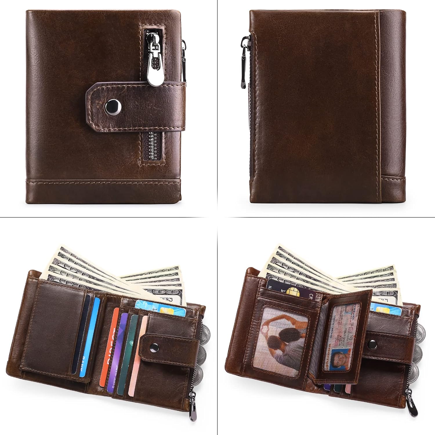 SENDEFN Mens Wallet RFID Blocking Genuine Leather Bifold Compact Wallets for Men with Zipper Coin Pocket, Coffee - Image 5