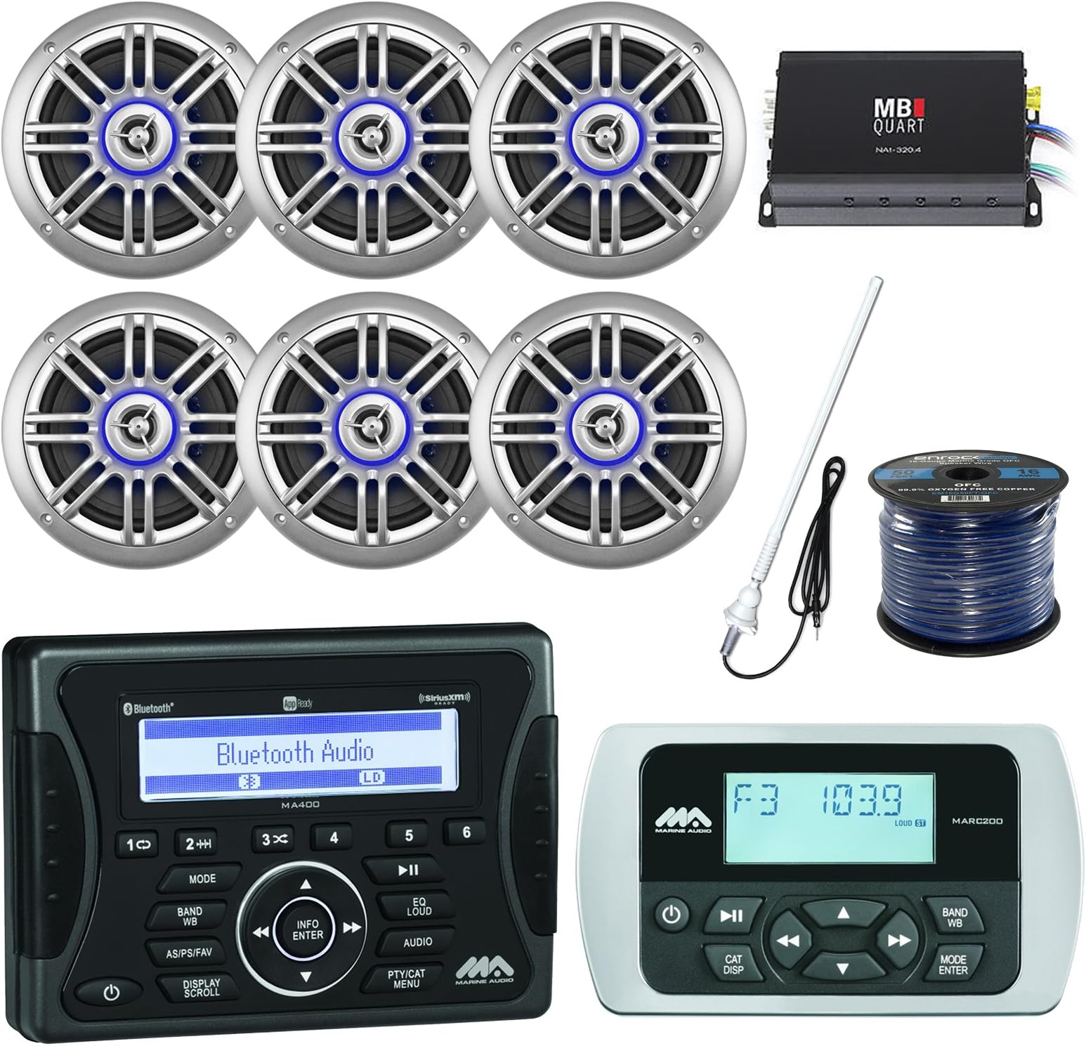 Jensen Marine Audio Bluetooth USB Stereo Receiver, 6 x Millenia 6.5" 150Watt Outdoor Silver Speaker, MB Quart 4-Ch Boat Amplifier, Jensen Remote Control, Antenna, Enrock 50 Foot 16-Gauge Speaker Wire