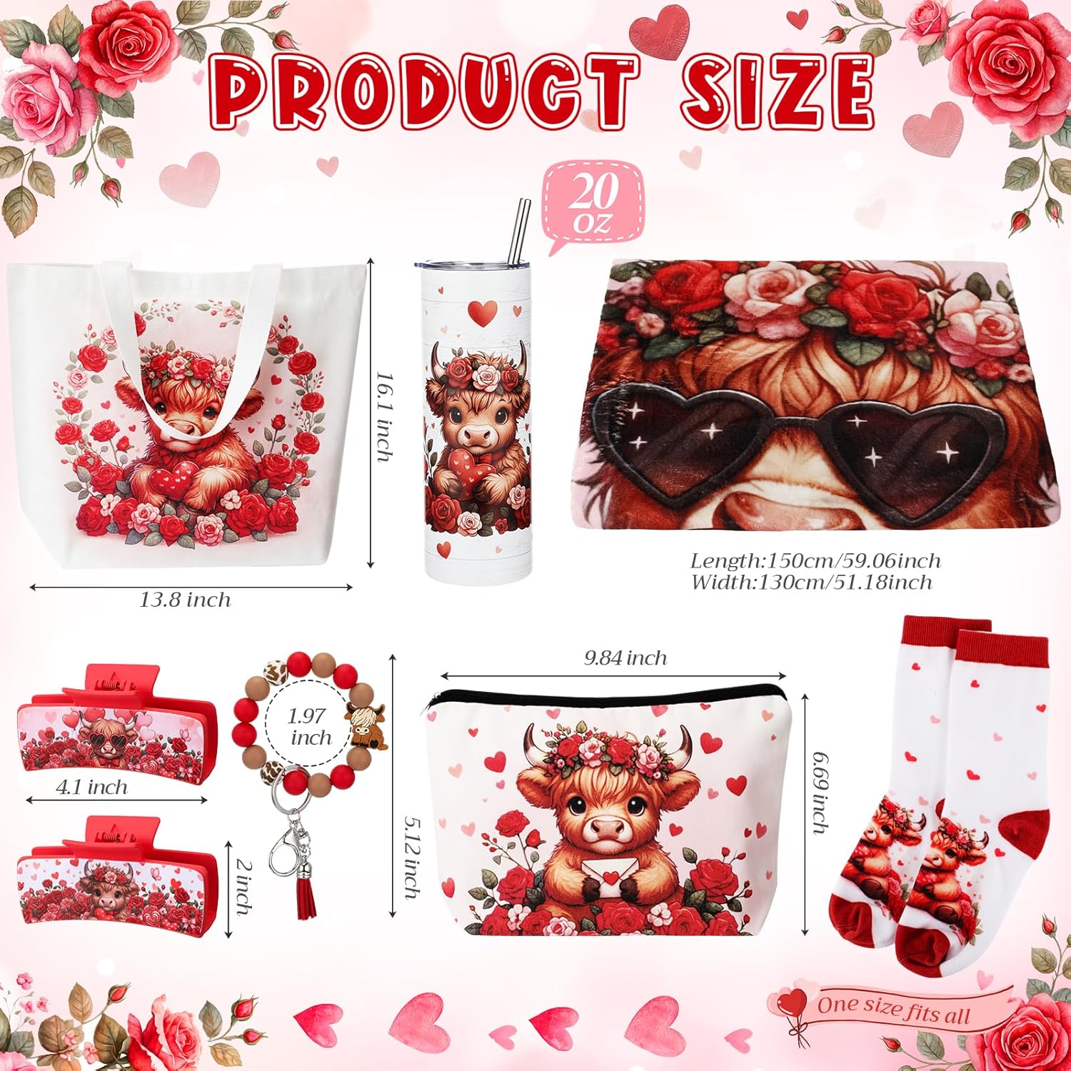 FoldTier 8 Pcs Valentine's Day Highland Cow Gifts for Women Highland Cow Stuff with 20oz Tumbler Blanket Canvas Tote Bag Makeup Bag Socks Keychain Hair Claw Gift for Valentines Coworker Friend Lover
