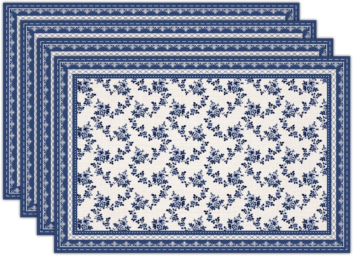Blue Floral Branches Linen Placemats Set of 4, Chinoiserie Waterproof Washable H…