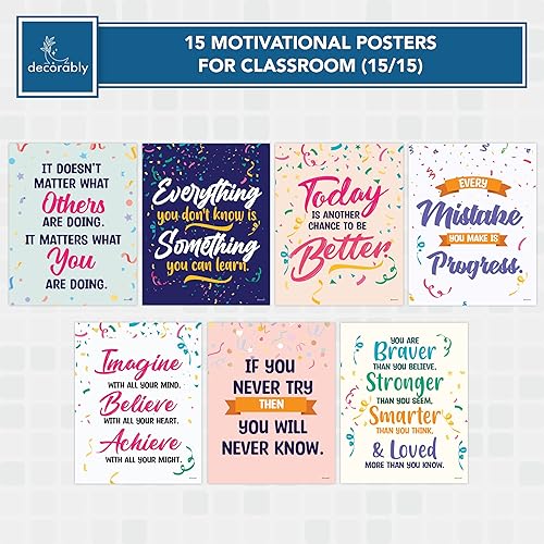 Miniatura 4 de Decorably 15 pósteres motivacionales de confeti para aula, inspirador de 11 x 14 pulgadas, decoración laminada mate, para escuela, pasillos,