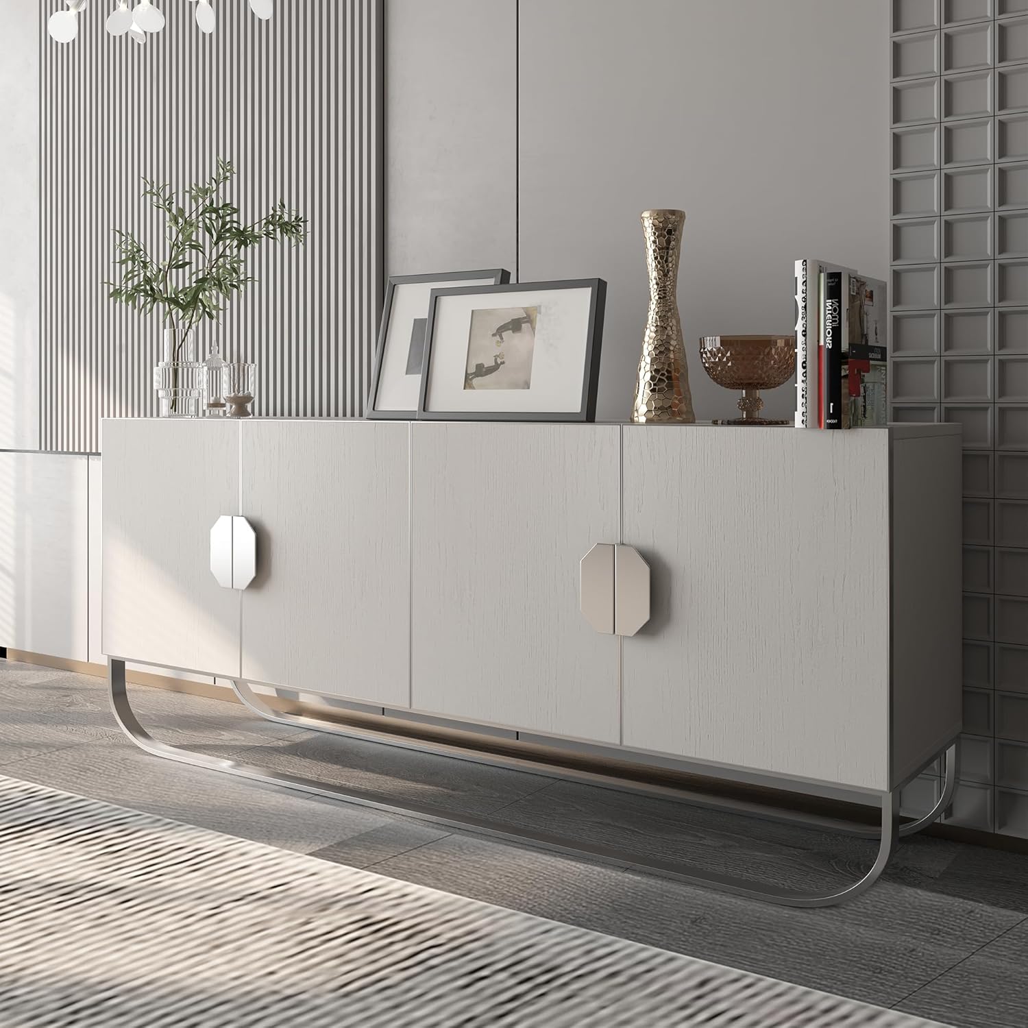 Clihome 70'' Sideboard Buffet Cabinet, 4 Door Console Cabinet TV Stand Wooden Credenza Storage Accent Cabinet with U-Shaped Legs for Bedroom, Living Room, Entryway, Cream White