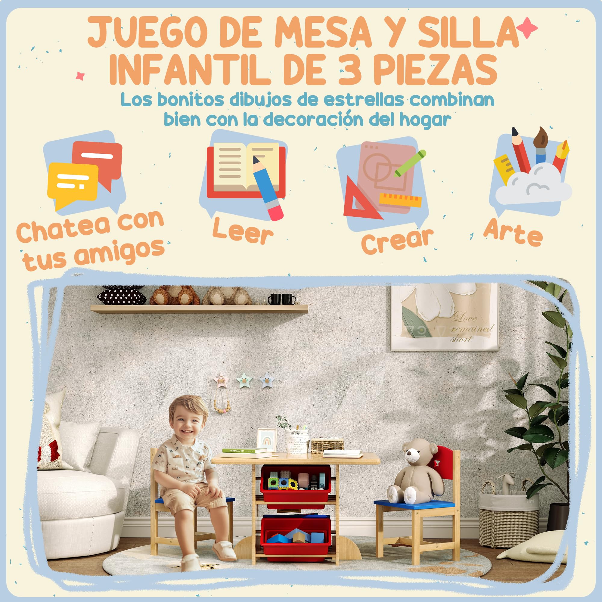 AIYAPLAY Mesa y Sillas Infantiles de 3 Piezas, Mesa Infantil, Natural | 2 Sillas, 4 Cestas de Almacenamiento, Juego de Muebles para Actividades, Niños de +3 Años, Sala de Juegos