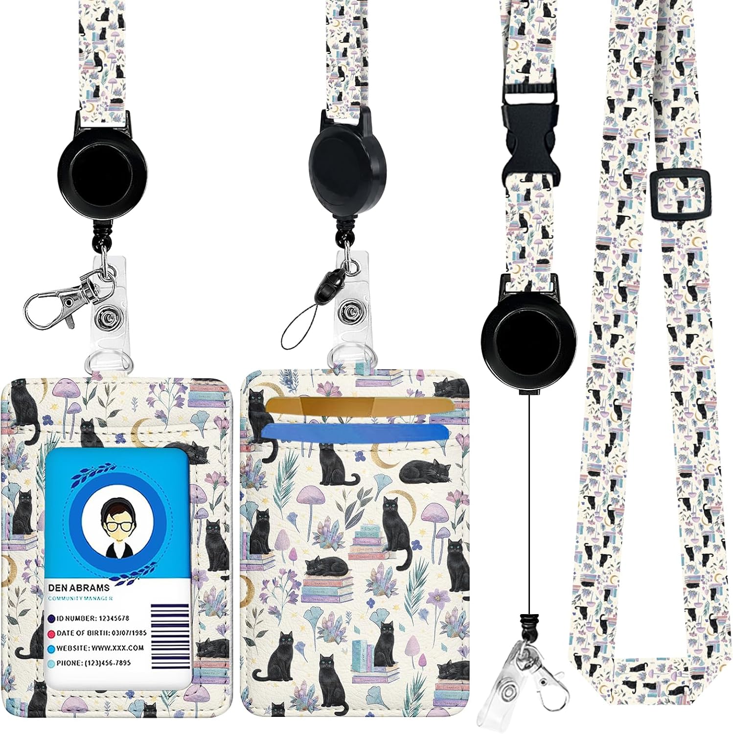 Cute Black Cat Lanyard with ID Badge Holders, RFID Blocking ID Card Holder with Adjustable Breakaway Lanyard for Keys, Retractable Badge Reel with 360° Rotate Metal Clip, for Nurse Teacher Staff Women