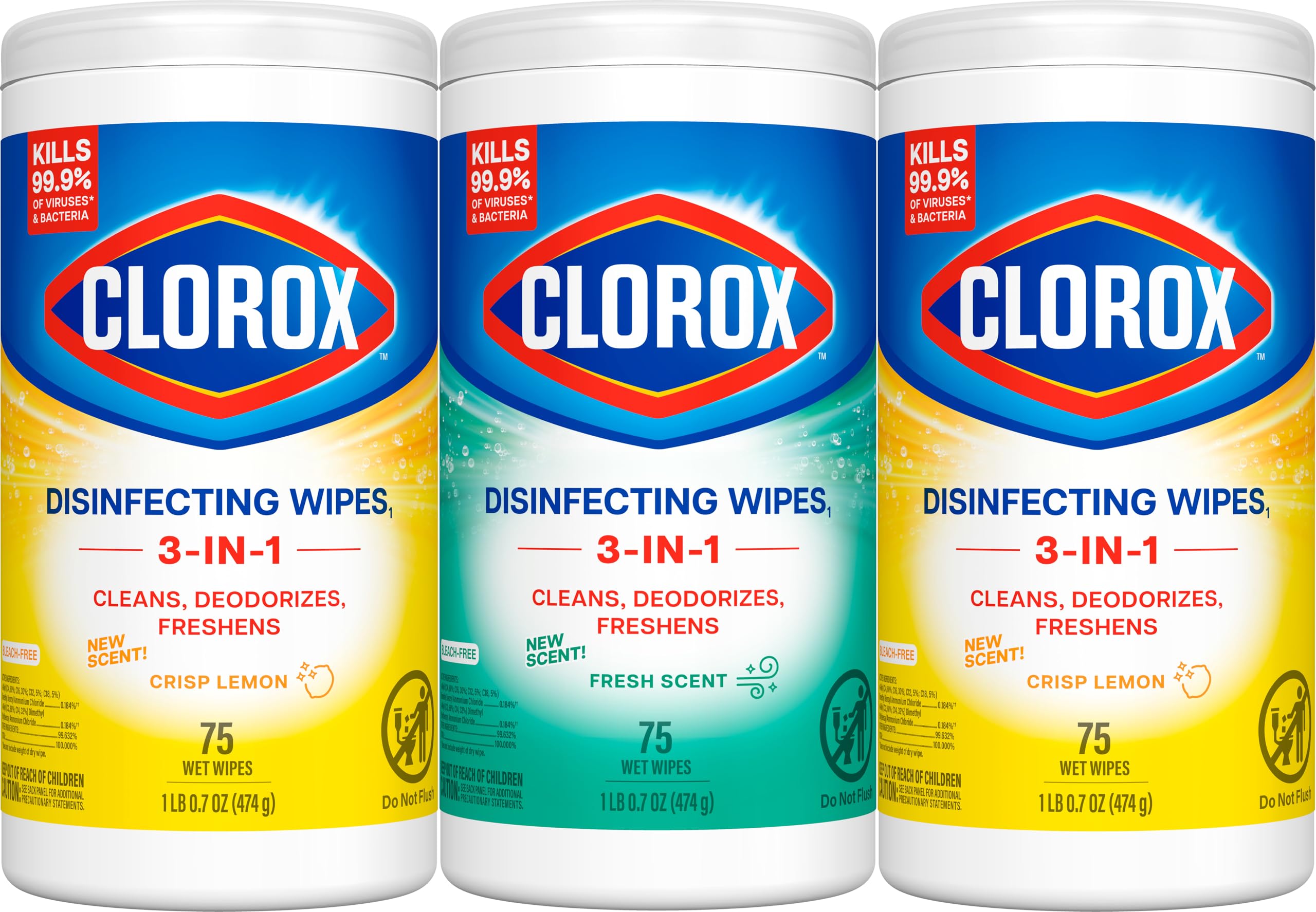 Clorox Disinfecting Cleaning Wipes Variety Pack, 75 Count Each, Pack of 3 (Package May Vary)