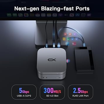 قاعدة توصيل Mac mini M4، قاعدة توصيل Beelink EX Mate Mini-B بسرعة 80 جيجابت في الثانية، فتحة SSD PCIex4 مقاس 1*M.2، سعة توسعة تصل إلى 8 تيرابايت، فتحة بطاقة SD4.0، شبكة LAN 2.5G، منفذ USB C PD3.0 بقوة 15 وات، منفذ USB A 2*5 جيجابت في الثانية، صوت 3.5 مم
