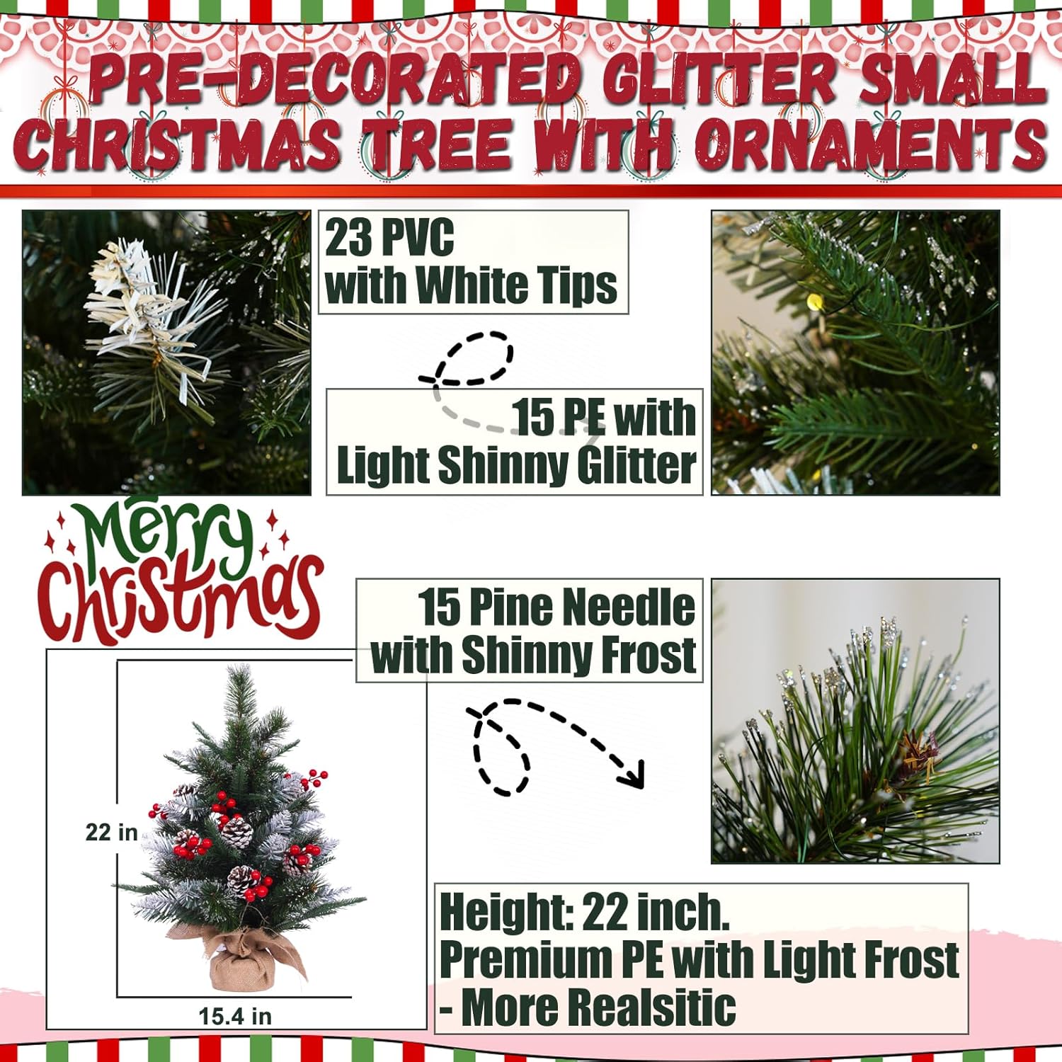 Small Christmas Tree with Lights 22 inch | Mini Xmas Tree with 50 Lights (8 Modes) 53 Tips 6 Berries 6 Pinecones | Tabletop Tree with Burlap Wooden Base | Nice for Bedroom Bathroom Window