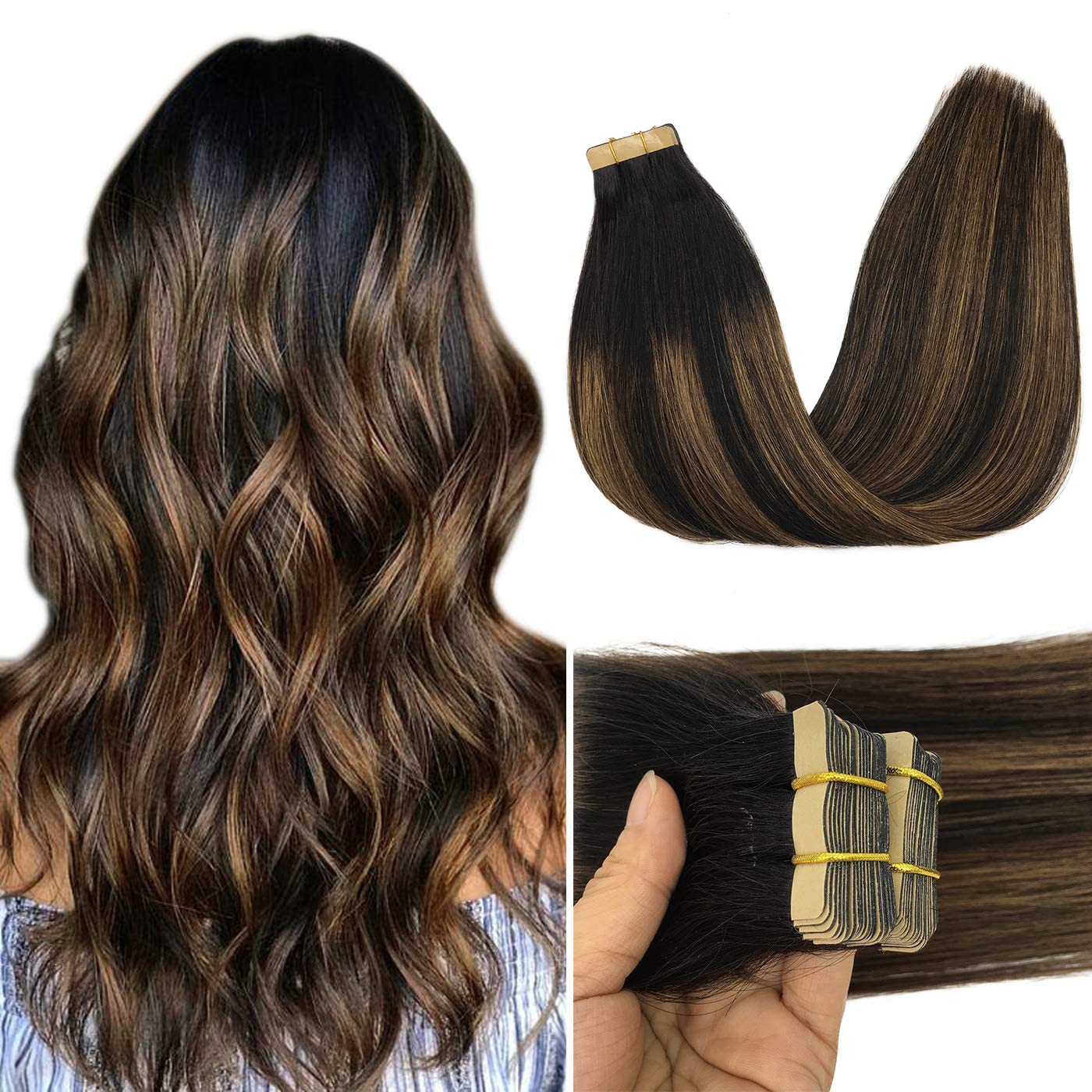 GOO GOO Human Hair Extensions Tape in Balayage Natural
