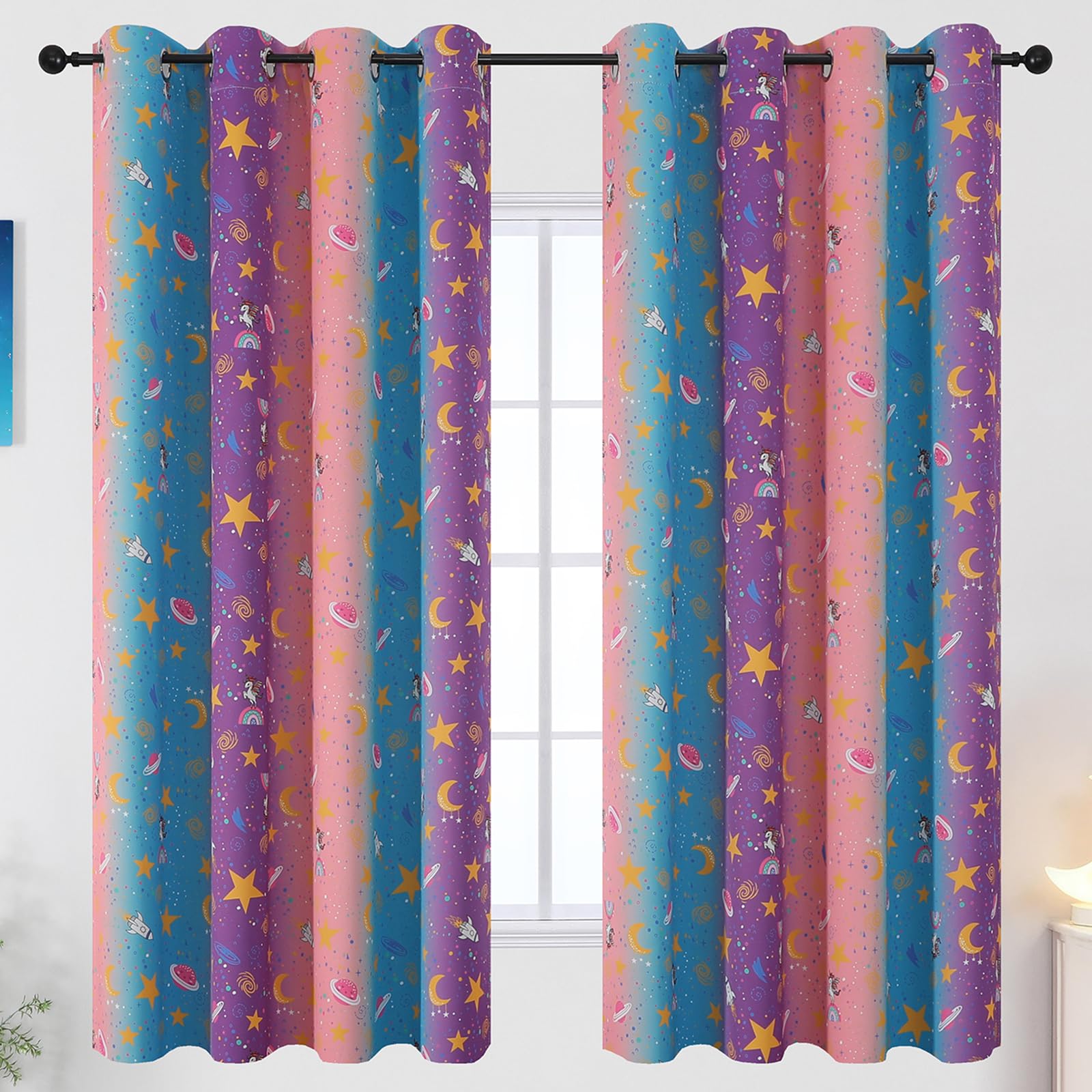 Pink Purple and Grey Room Darkening Curtains 63 Inch Long for Girls Bedroom
