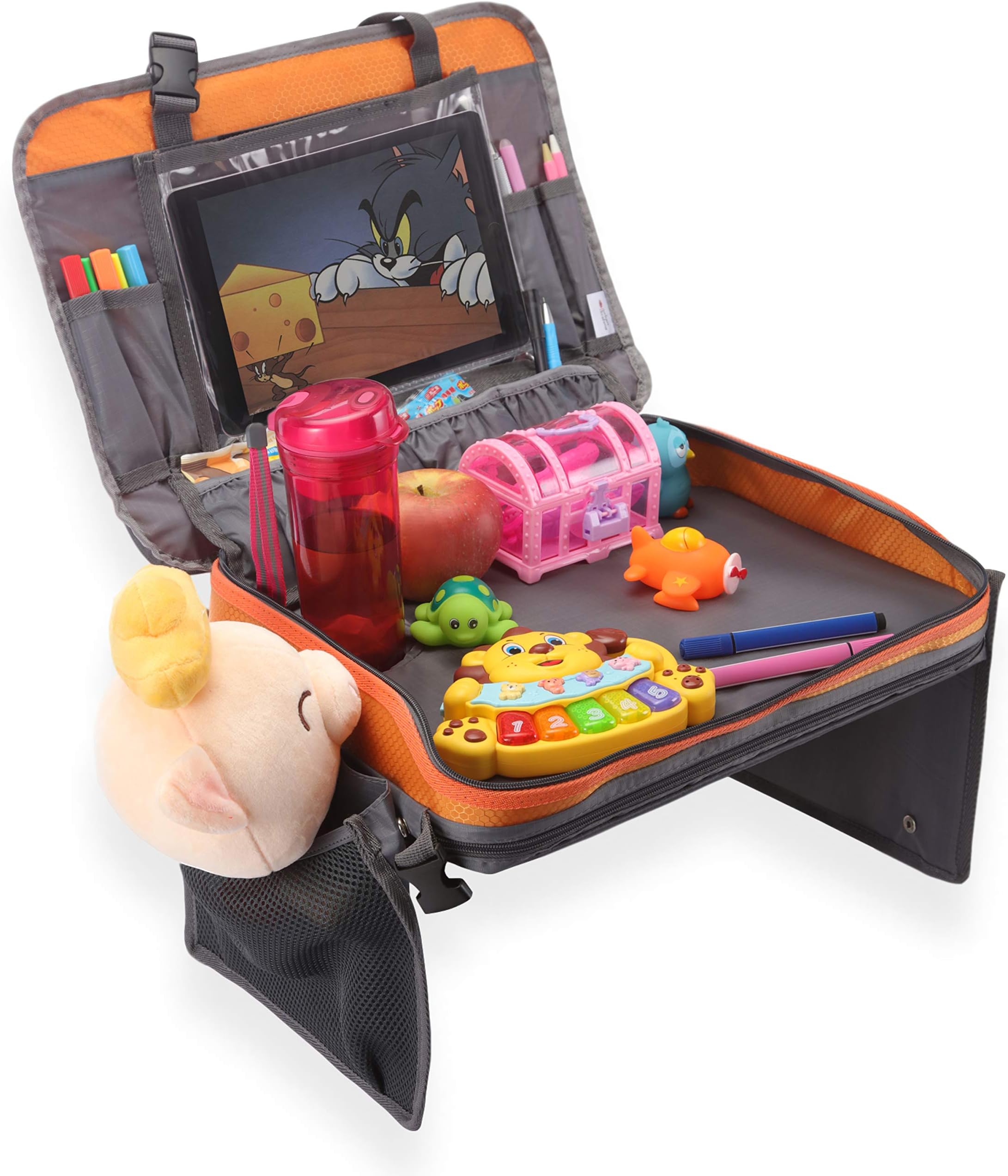 Kids Travel Tray Car Seat Tray, Toddler Travel Tray Detaches Into Tablet Holder and Snack Play Travel Tray Table