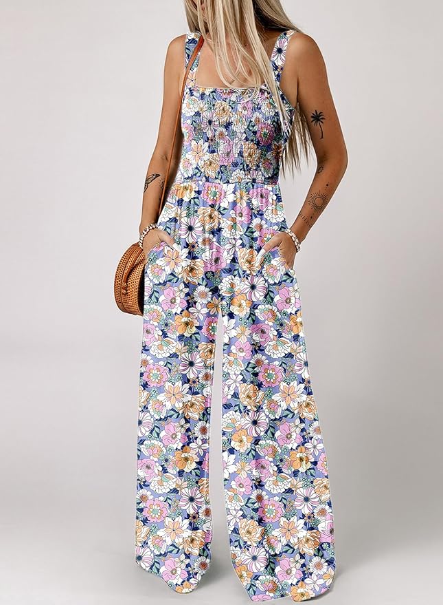 Dokotoo Jumpsuit dames zomer bloemenpatroon tuinbroek casual losse overalls wijde pijpen playsuit lange romper met zakken S-2XL, groen, XXL
