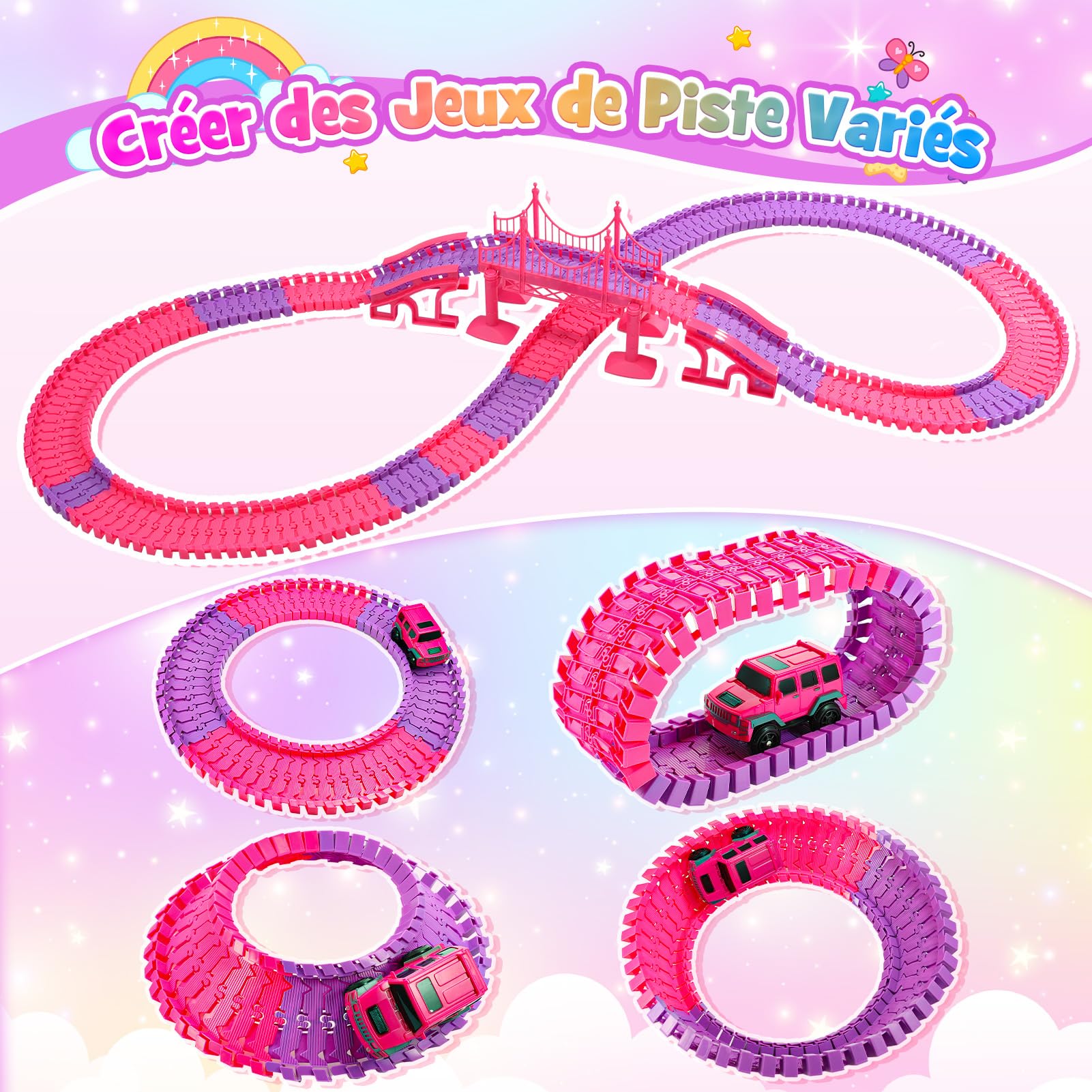 iKidiki Cadeau Fille 3 4 5 6 7 8 Ans, Circuit Voiture Enfant Jouet Fille 3-8 Ans Circuit Voiture Electrique Jeu Fille Train Electrique Enfant Cadeau Fille 3-8 Ans Anniversaire Cadeau Noël