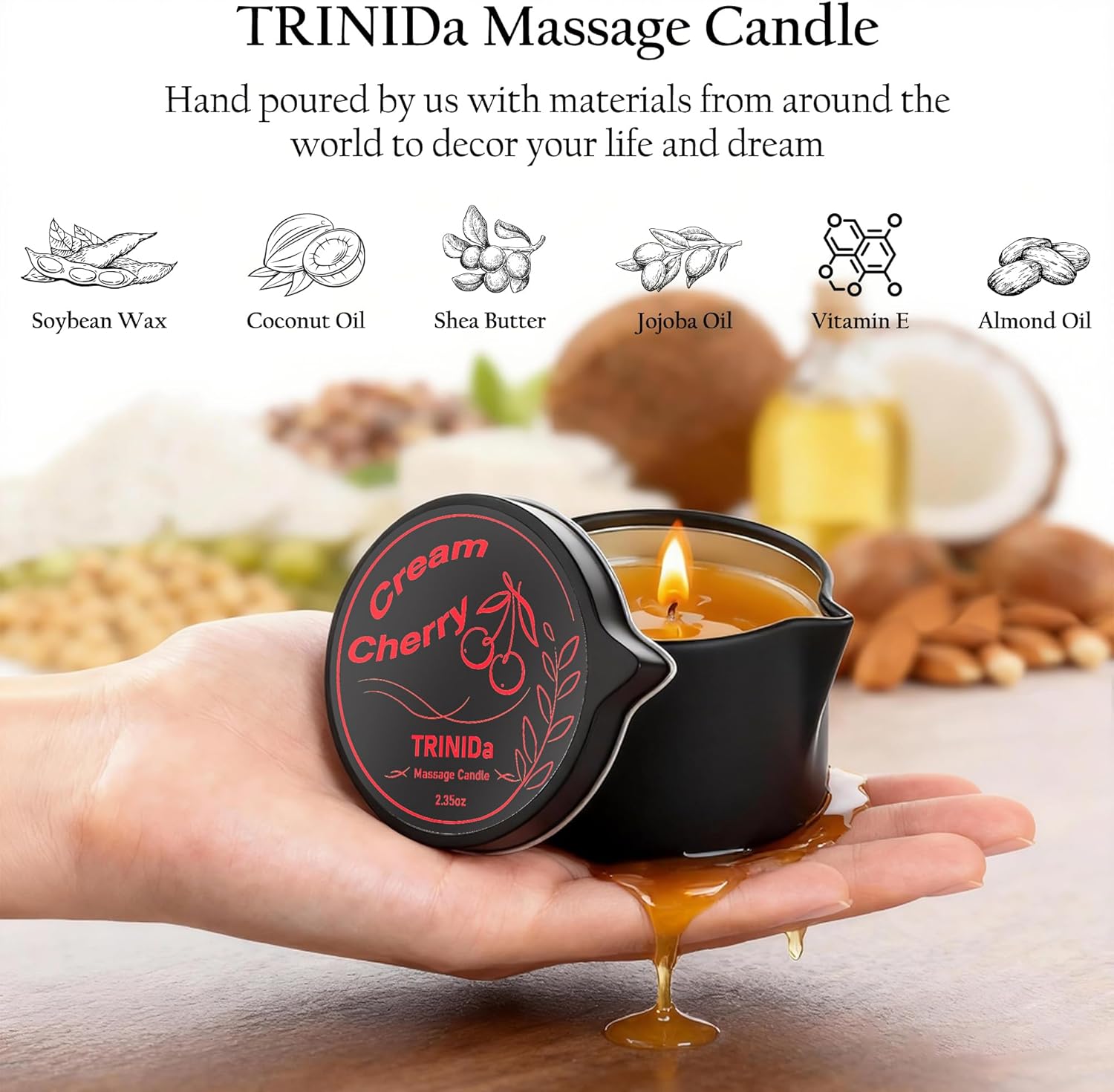 TRINIDa Low Temperature Massage Oil Candle 2.35oz - Soy Wax & Coconut Oil Blend, Moisturizes Skin,Stress Relief, Couples Massage & Home SPA, Romantic Gift Massage Scented Candle (Cream Cherry Scent) - Image 2