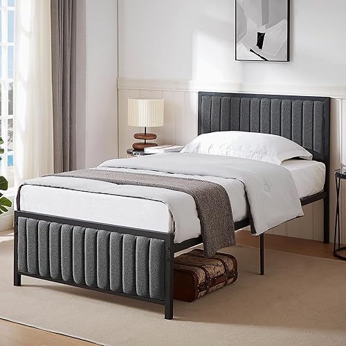 Miniatura 10 de VECELO Base de cama de tamaño matrimonial con cabecera tapizada, plataforma de listones de acero resistente, no necesita somier, gris oscuro Gris