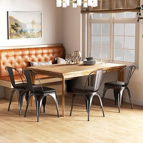 Miniatura 9 de COSTWAY Juego de 4 sillas de comedor de metal, apilables de 18.5 pulgadas, sillas laterales Tolix de cocina industrial con cojines, respaldo alto