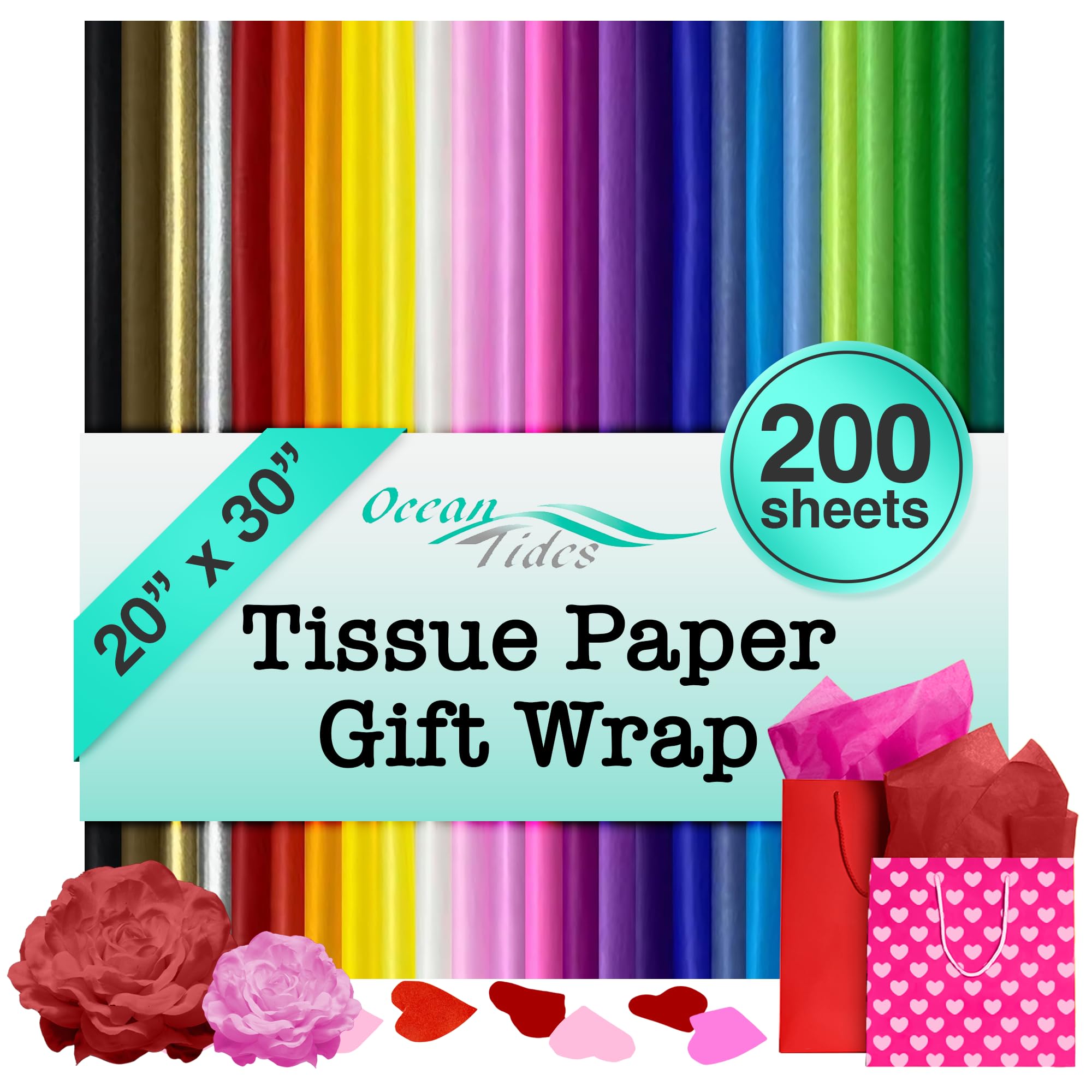 Ocean Tides Premium 200 Sheets (20 x 30 Inches) Valentine’s Wrapping Paper – 25 Colors Gift Wrapping Tissue Paper Bulk for Romantic Gifts & Birthdays – Colored Tissue Papers for Gift Bags, Assorted