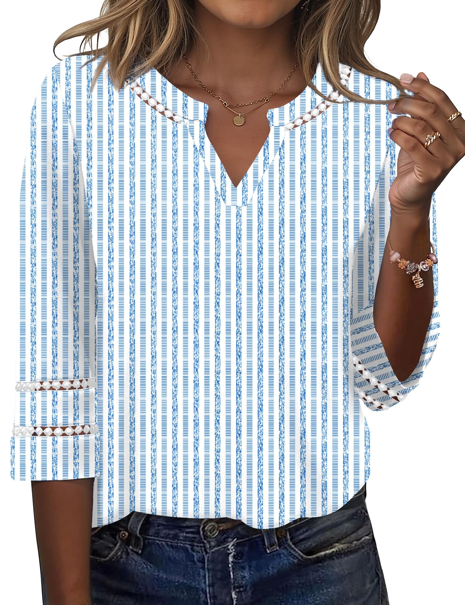 Rapbin Bluse Damen Elegant 3/4 Arm Shirt V-Ausschnitt Sommer Tunika Spitze Bestickt Vintage Oberteil 2026 Mode Tops