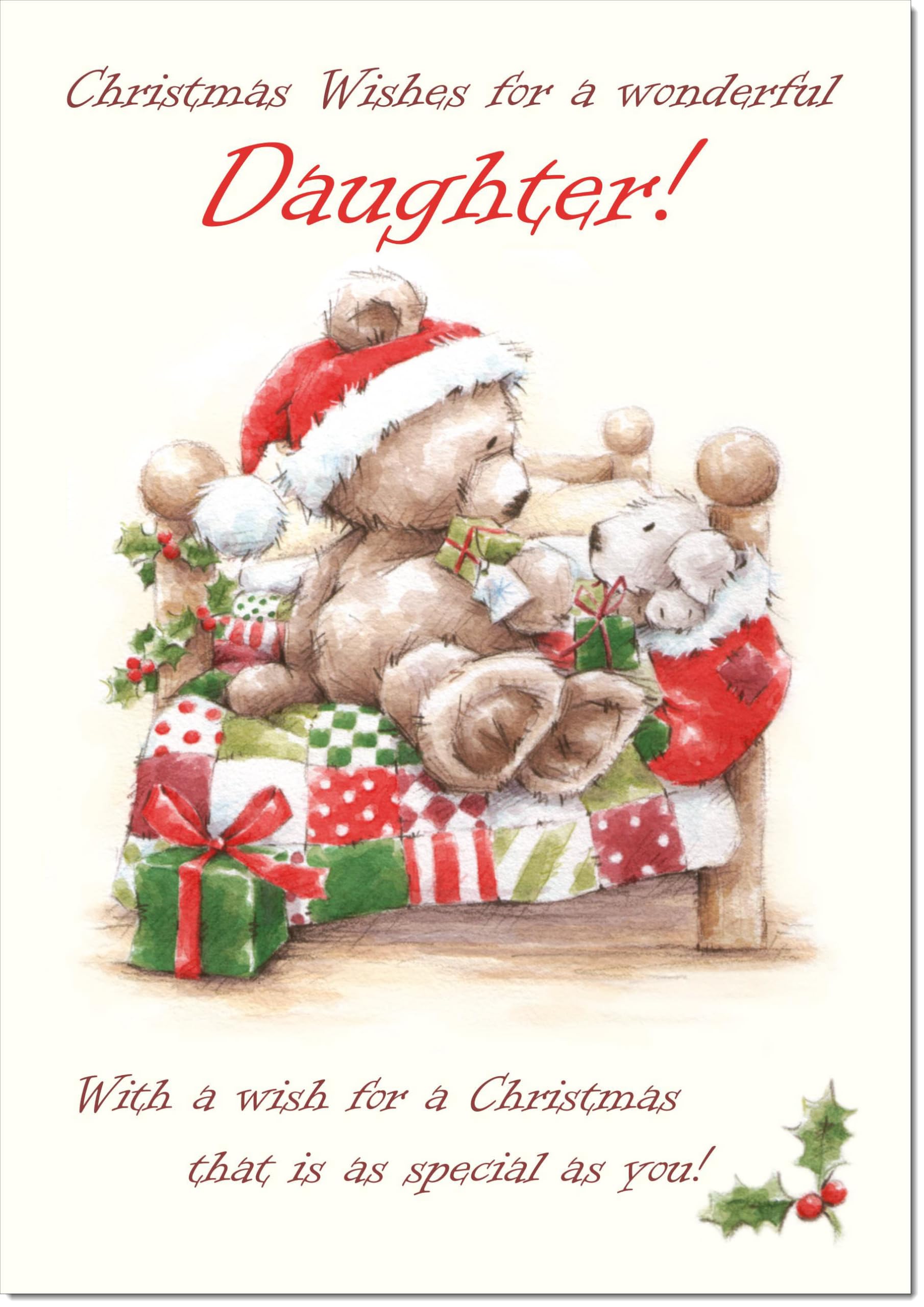 doodlecards Daughter Christmas Card Cute Bear on Bed Large A4 Size Christmas Card for Daughter with Plain Envelope — image 1