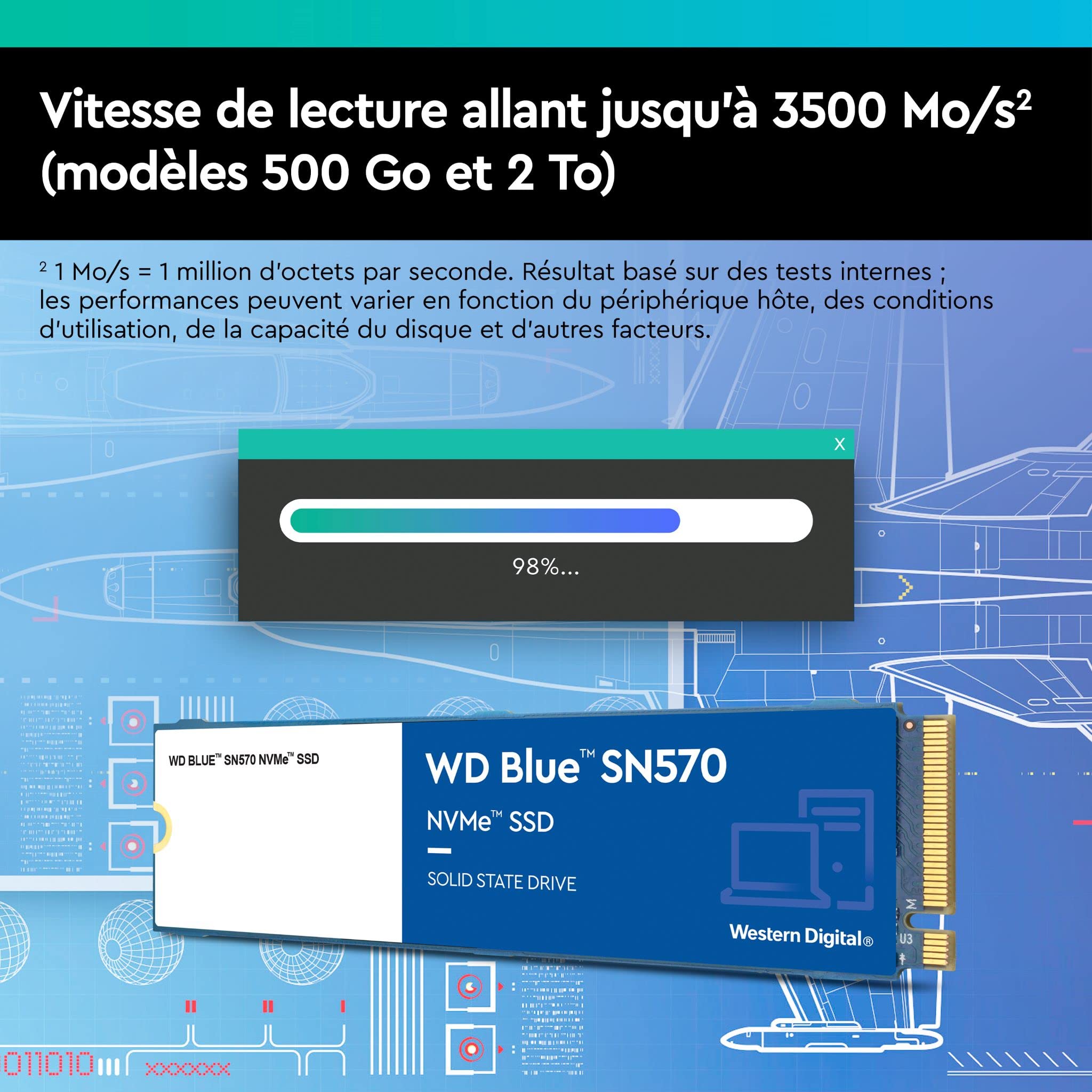 WD_BLUE SN570 500GB M.2 2280 PCIe Gen3 NVMe up to 3500 MB/s read speed Disque SSD