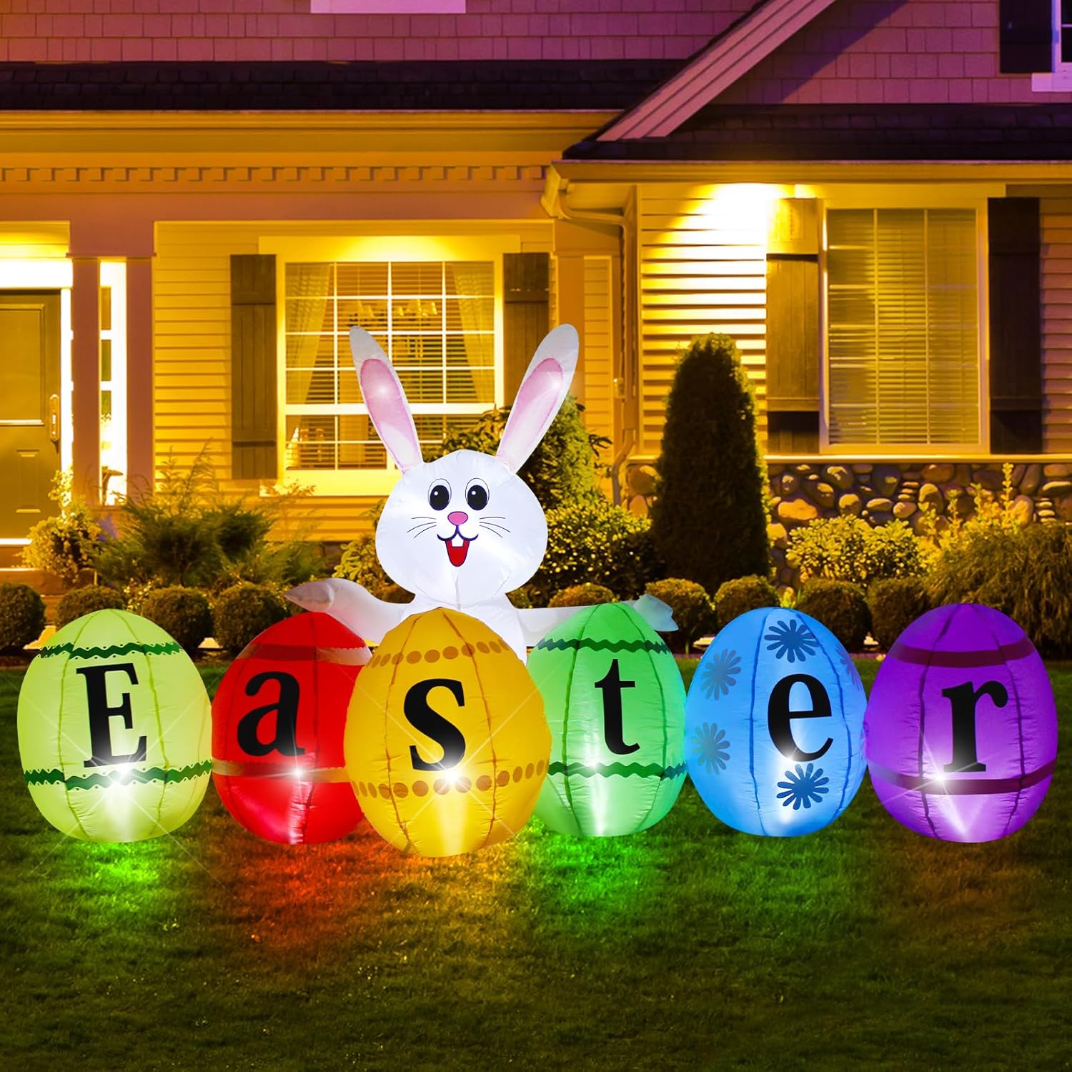 8 Feet Long Easter Inflatable Bunny with Eggs, Bulit-in LED Lights, Blow Up Rabbit Decor for Indoor Outdoor Yard Lawn Porch Garden Spring Holiday Decoration