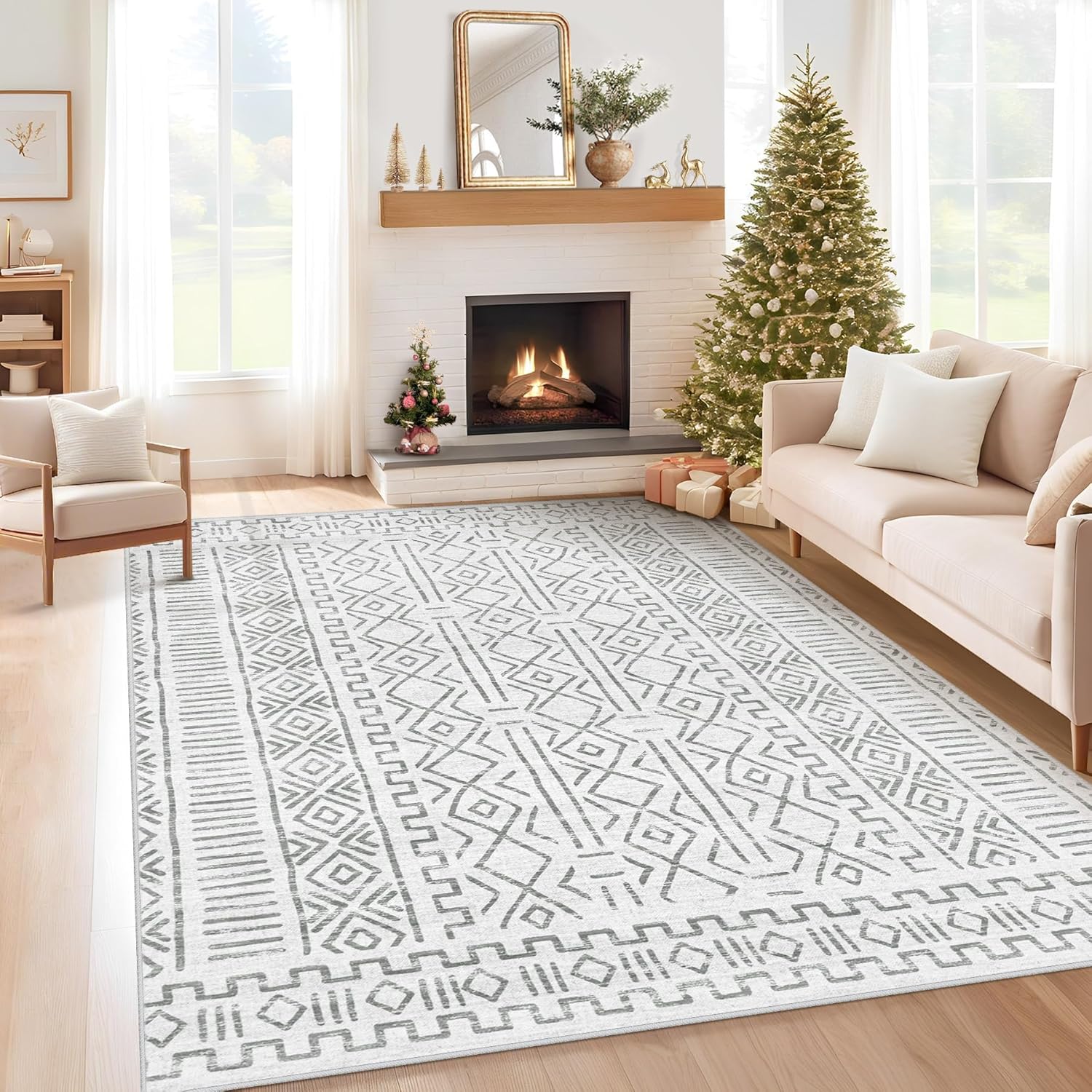 5x7 Area Rug Living Room: Washable Boho Geometric Moroccan Rug Neutral Modern Farmhouse Indoor Soft Non Slip Ultra Thin Printed Pattern Carpet for Dining Room Bedroom Nursery Home (BeigeGray, 5'x7')